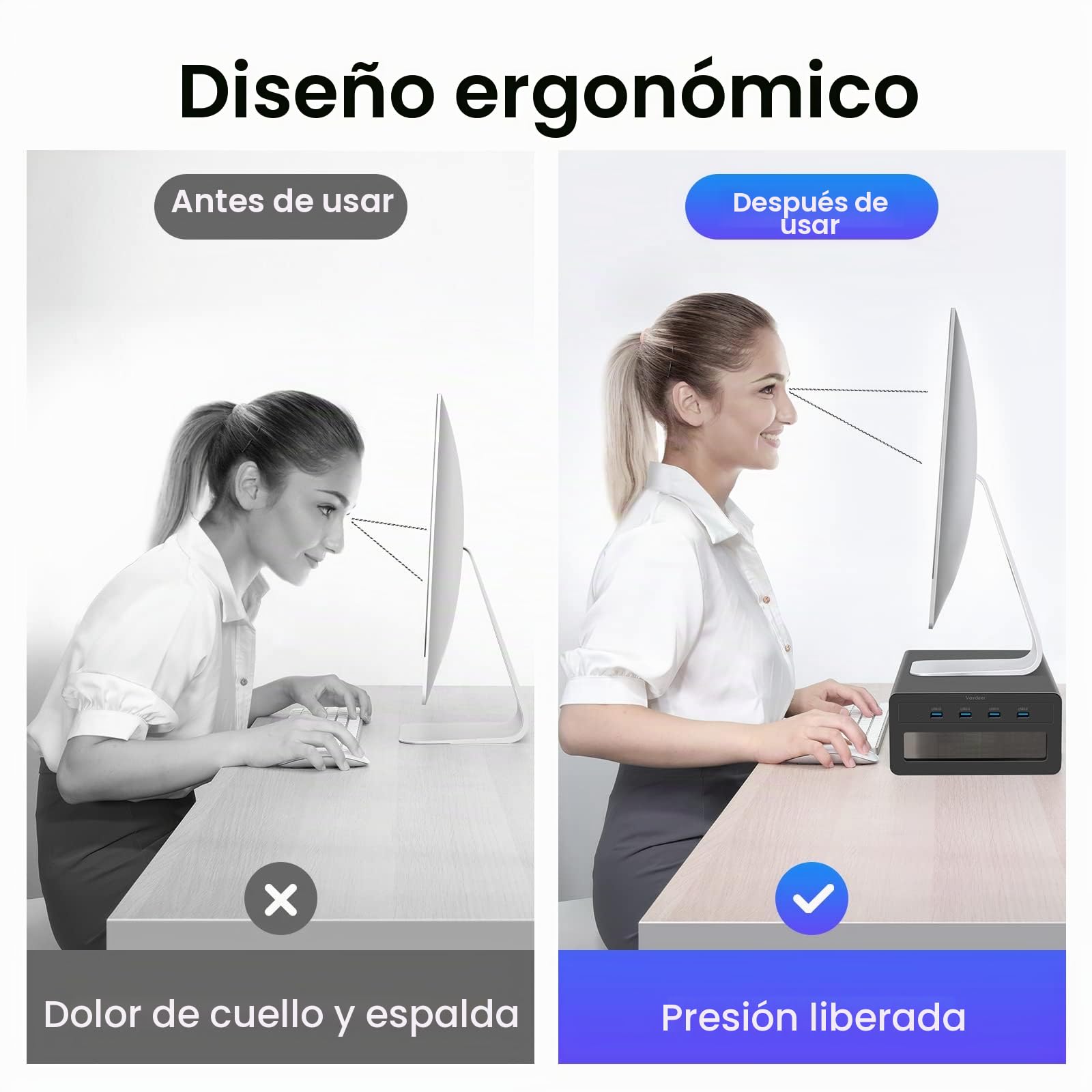 VAYDEER Soporte para 2 Monitores con 4 Puertos USB | Eleva dos pantallas y añade cuatro puertos USB para organizar periféricos y accesorios de escritorio