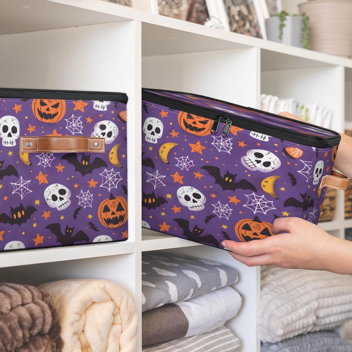 Storage Bin Set of 2 Skull Web Pumpkin Storage Basket with Zipper Lid & Handle Foldable Closet Shelf 2 Pack Cloth Organizer Basket Cube Bins Clothes Organizer for Bedroom, Nursery