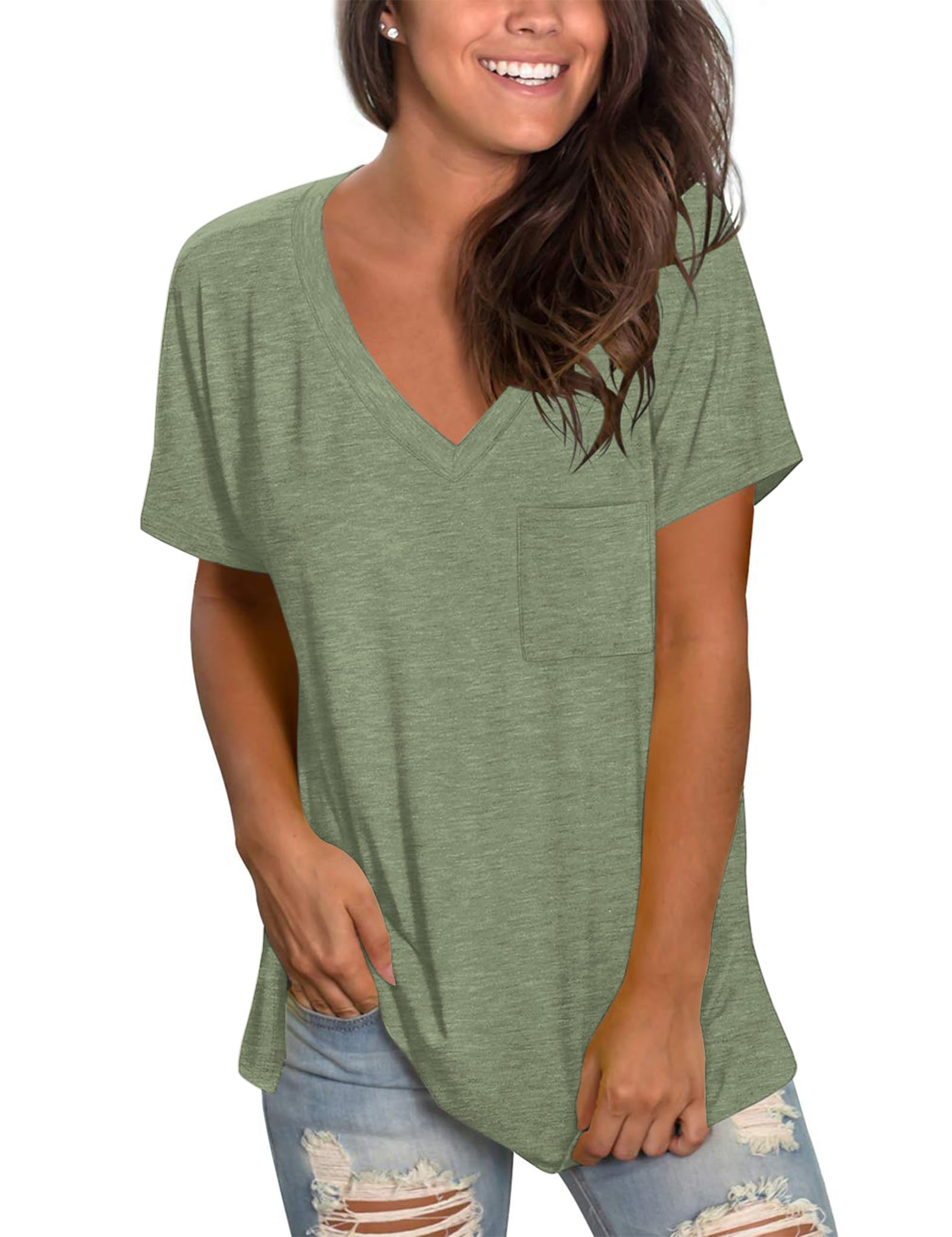 MOLERANI Women's Short Sleeve V-Neck Shirts Loose Casual Tee Summer Tops with Pocket (3XL, Olive)