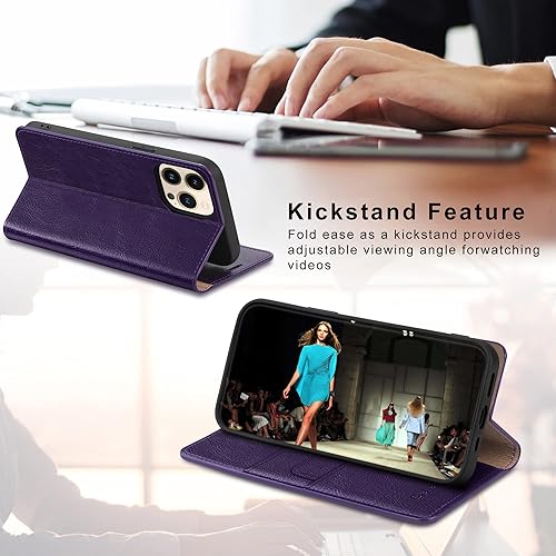 Miniatura 6 de Belemay Funda compatible con iPhone 15 Pro, piel auténtica, tarjetero con bloqueo RFID, carcasa de poliuretano termoplástico a prueba de golpes,