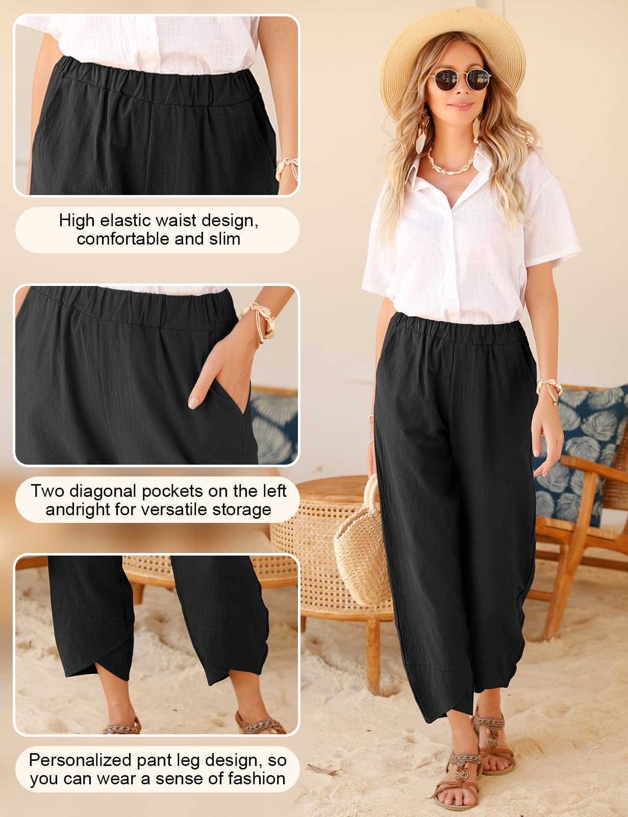 Heekpek Pantalon Fluide Femme Décontracté Large en Coton - Élastiquée Taille avec Poches, 7/8 Pantacourt Été Léger pour la Plage