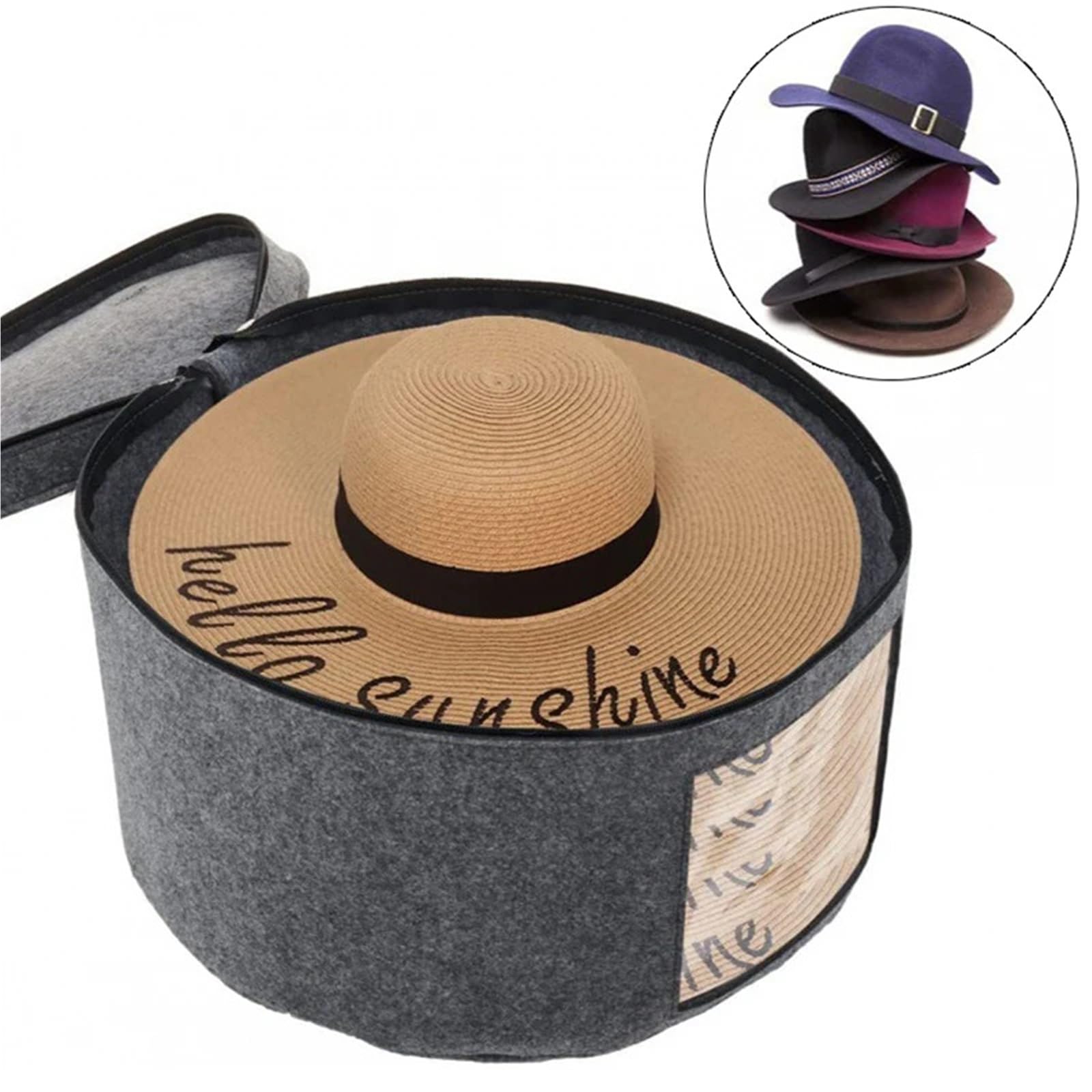 Caja de almacenamiento for sombreros, organizador ropa con tapa cremallera, bolsas viaje, fieltro redondo for el hogar Para el armario(Dark gray)