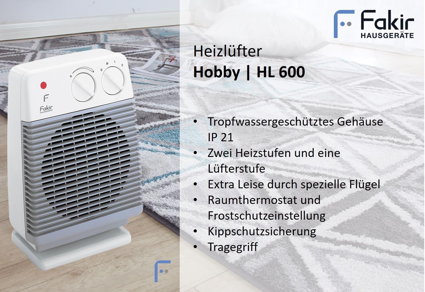 Fakir HL 600 Hobby/termowentylator łazienkowy, wentylator stołowy, z 2 poziomami ogrzewania, w zestawie zawór termostatowy, bardzo cichy – 2000 W, kolor jasnoszary