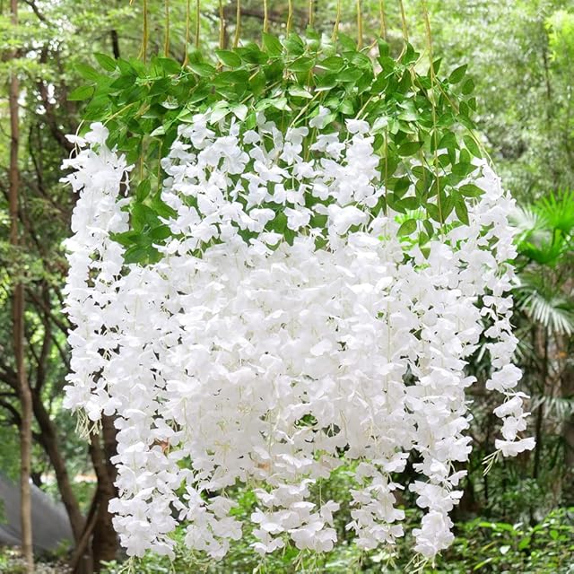 MARTHA&IVAN 14 Stems Artificial Wisteria Garland Fake Wisteria Vine Hanging Flower Bush String for Wedding Garden Party Decoration (14 Stems White)