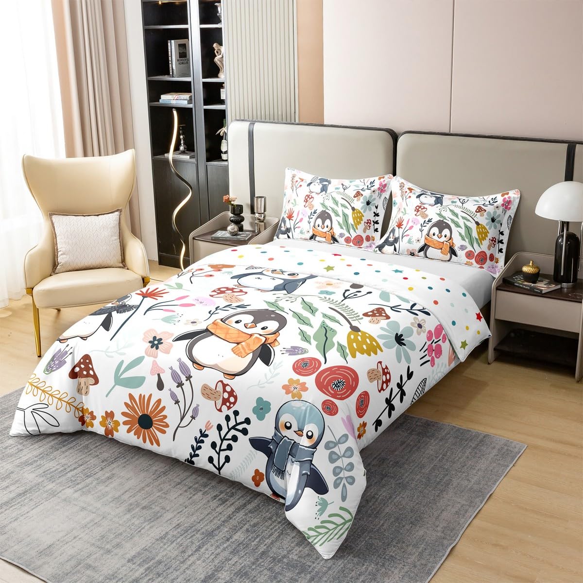 Süßer Pinguin 100% Bio-Baumwolle Bettbezug für Jungen Mädchen,Winter Wildlife Tröster Abdeckung,Cartoon Pinguin mit Schal Bettwäsche Set,Bunte Blumen Pilz Bettdecke 155x220