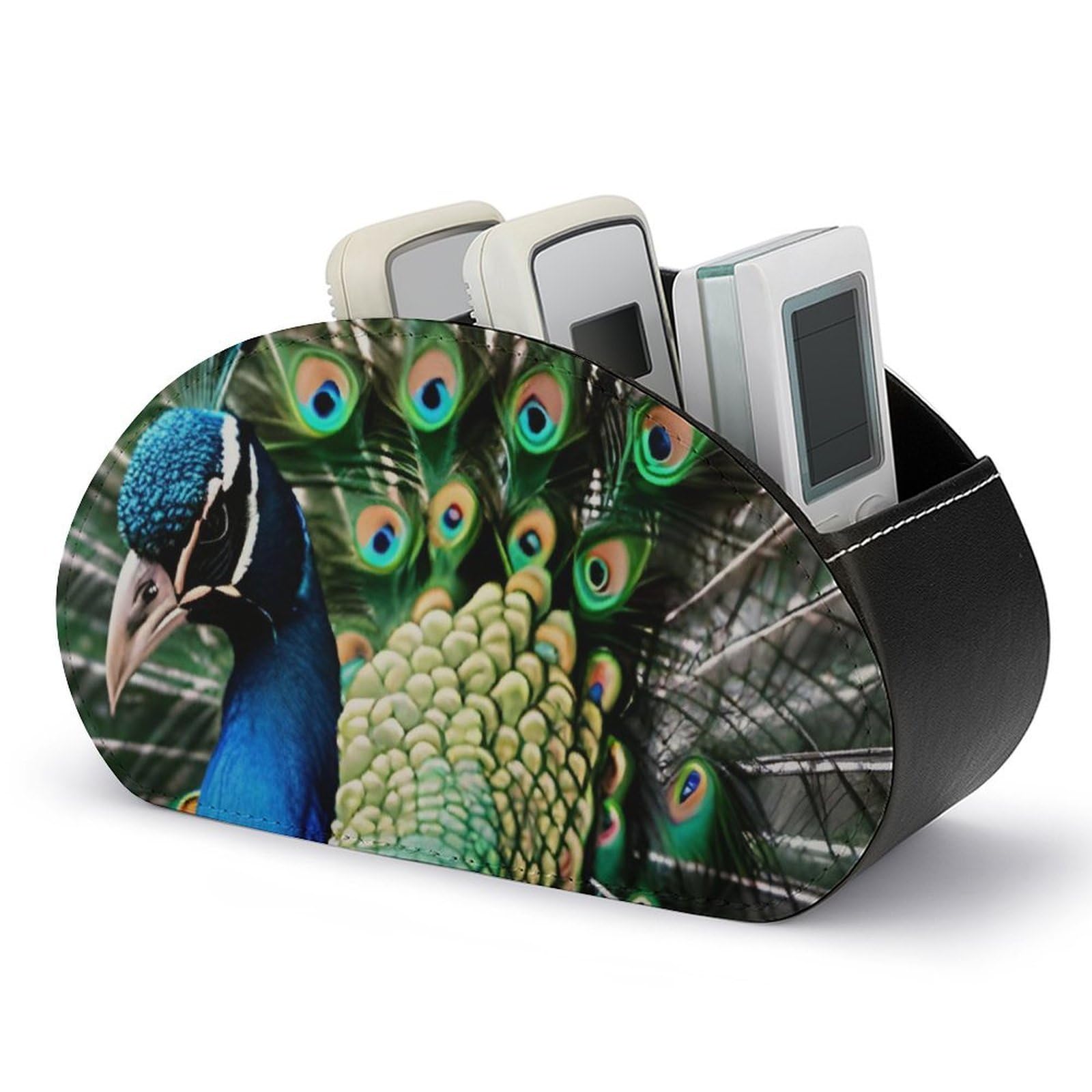JTREHY Peacock Remote Control Holder with 5 Compartments Pu Leather Remote Caddy Box Multi-functional Deskt Holders Organizer Box Tray Bedside Table Storage Organizer