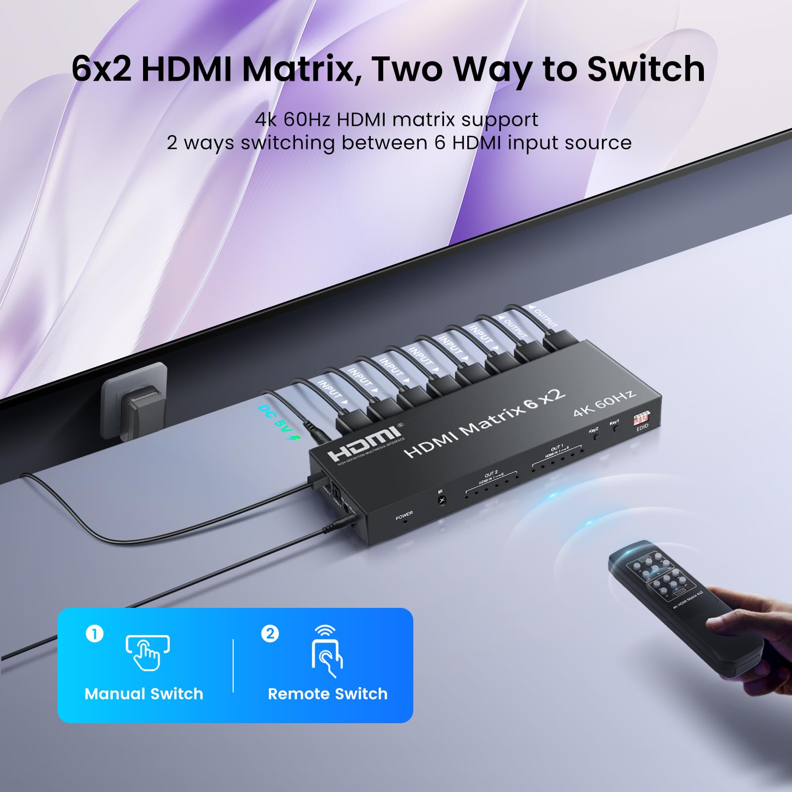 C04D HDMI Matrix 6x2 HDMI Splitter 4Kx2K Switch Audio Video mit EDID für PC TV e C04D HDMI Matrix 6x2 HDMI Splitter 4Kx2K Switch Audio Video mit EDID für PC TV e