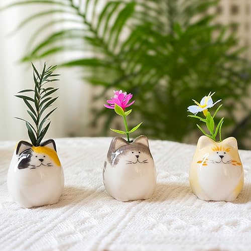 Miniatura 4 de 3 mini jarrones de flores  Jarrones pequeños únicos para gatos, bonitos jarrones de cerámica para flores de un solo tallo y bigote de gato,