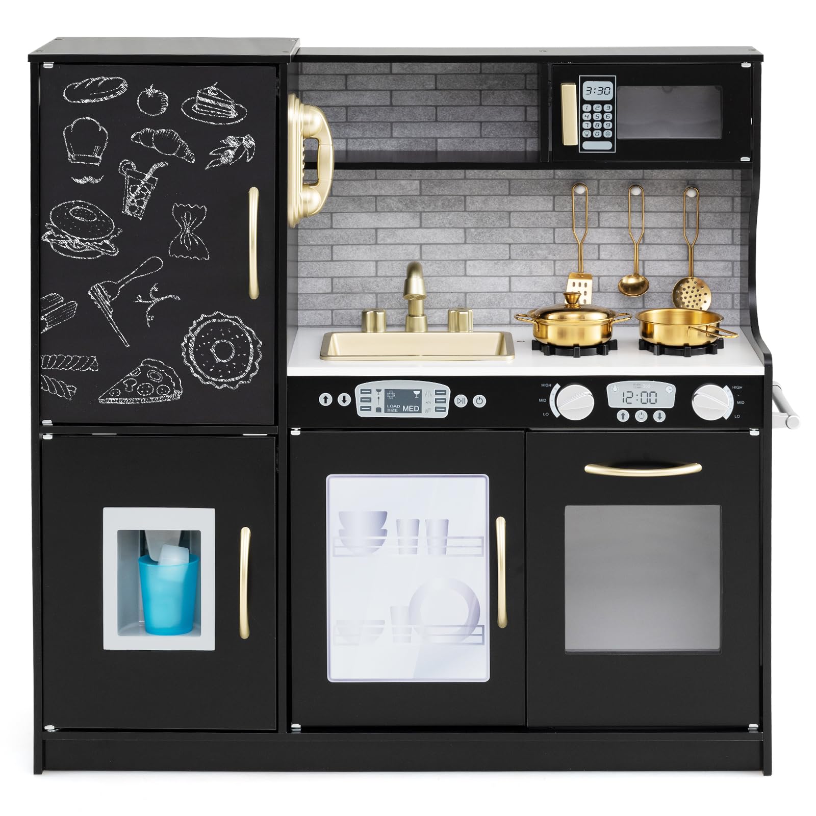 COSTWAY Kids Wooden Kitchen, Pretend Play Kitchen with Chalkboard, Sink, Microwave, Ice Maker, Utensils, Children Cooking Role Playset for 3-6 Years Old Boys Girls (Black)