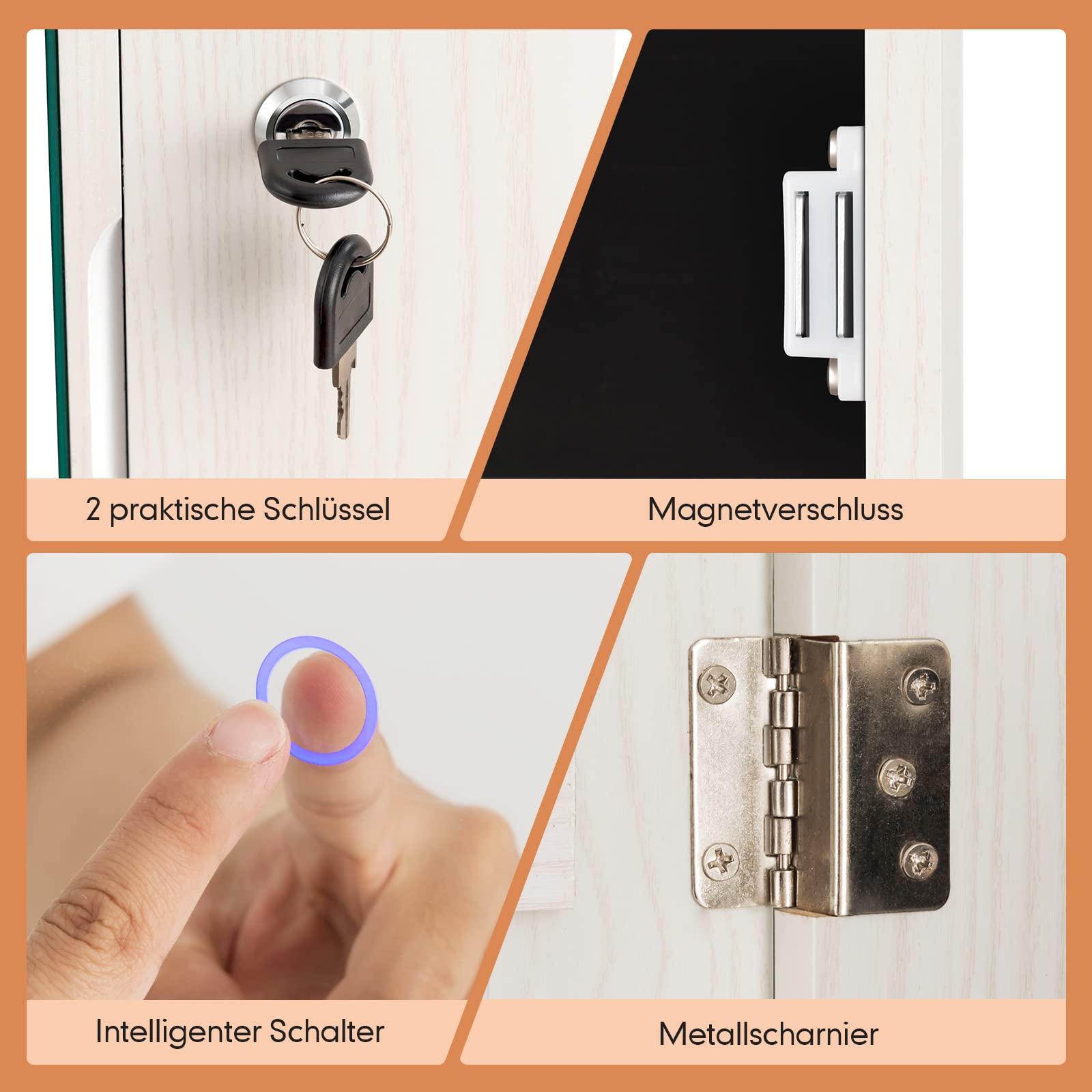 RELAX4LIFE Schmuckschrank mit 2 Spiegel & Touchscreen-LED-Licht, Schmuckregal mit Schloss, Schmuckorganizer für Ohrringe & Armband & Kette & Ringe & Kosmetik, Tür- & Wandmontage (Weiß)