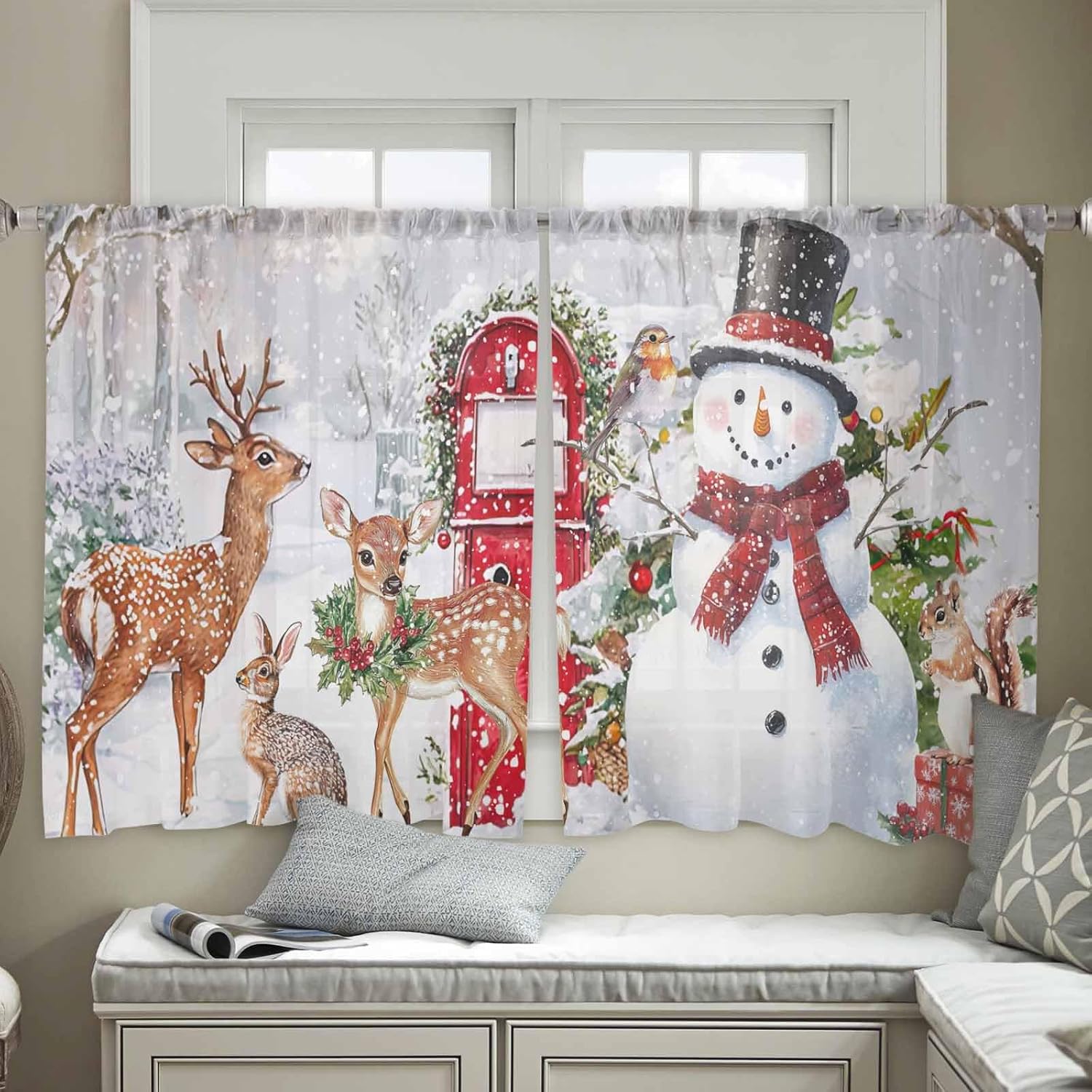 Christmas Sheer Curtains for Living Room 2 Panels, Snowman Deer Xmas Balls Snowy Scene Voile Curtain Drapes for Bedroom Light Filtering & Privacy Winter Holiday Window Treatment W52 x L45, Set of 2