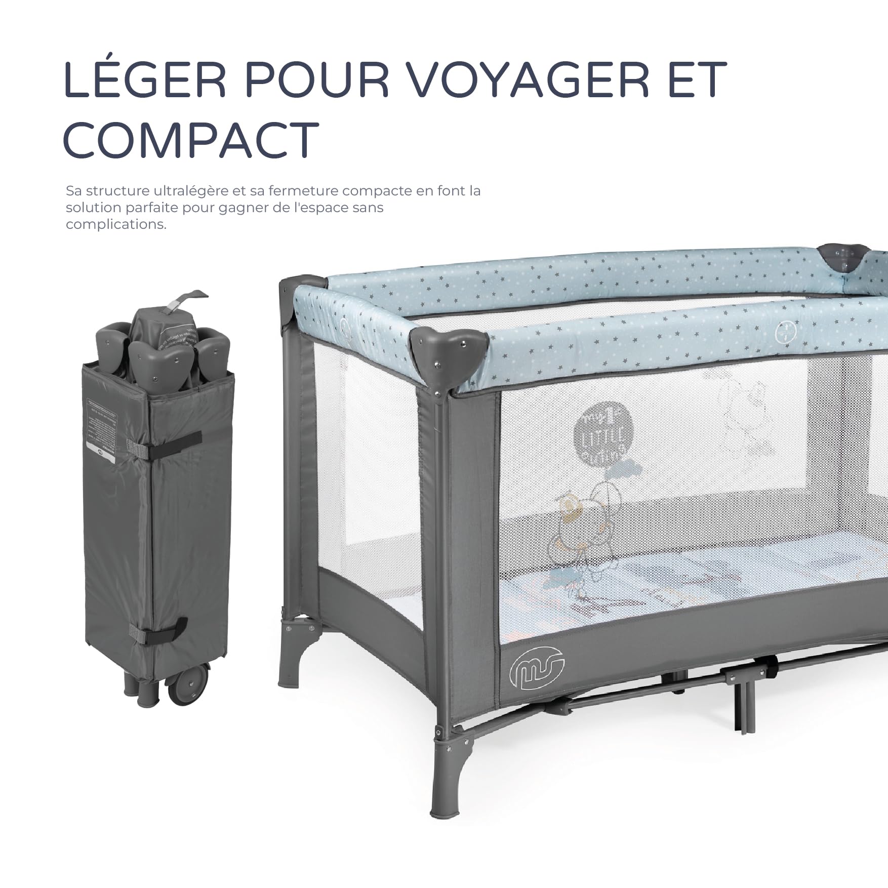 ms Innovations Lit de Voyage 120 x 60 cm pour bébé, avec Matelas et Sac de Transport, de 0 Mois à 15 kg, Pliable et Facile à Monter. Il est léger et Stable - Bleu/Gris.