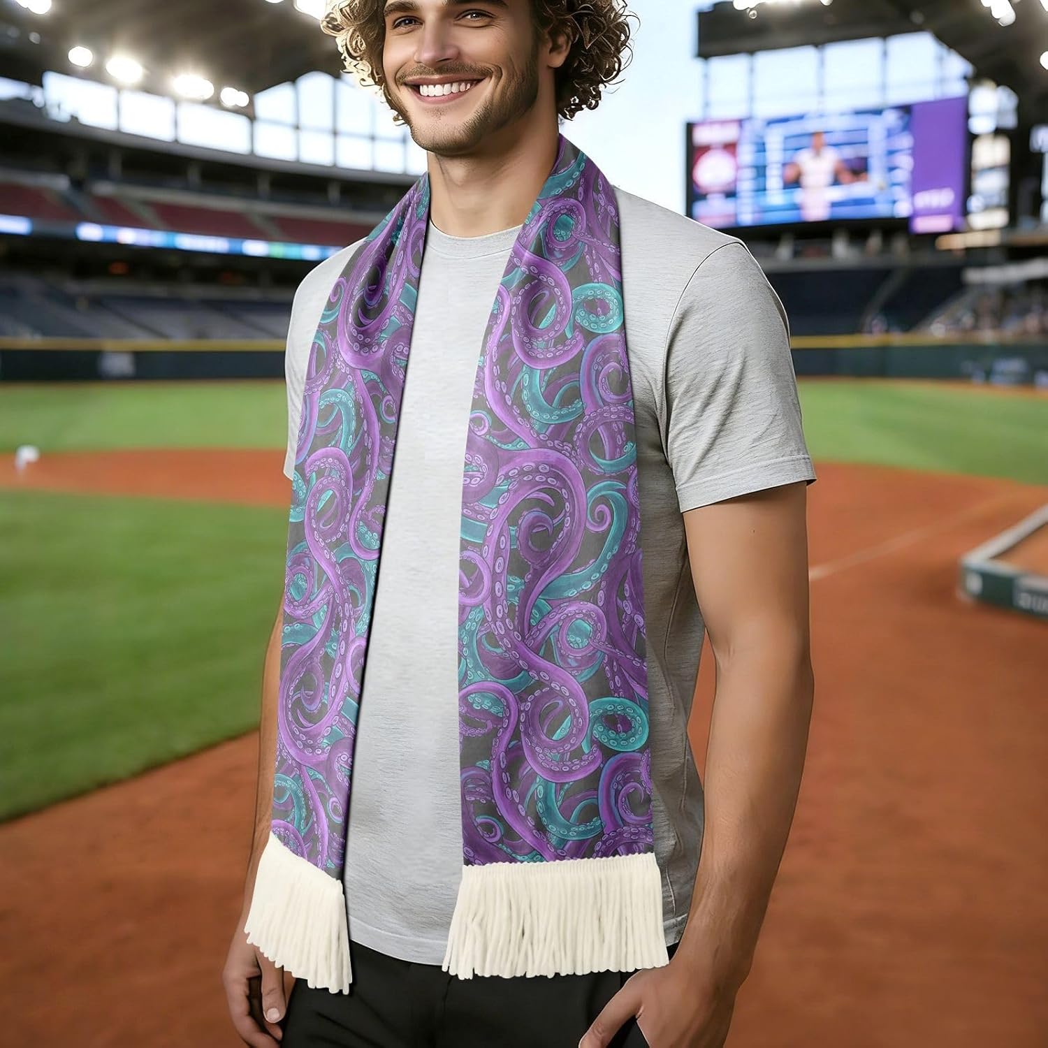 CHIFIGNO Octopus Purple Teal Sports Fan Scarf Towel, Soft Polyester Cheering Banner for Soccer Games, Quick Dry Sweat Absorbent