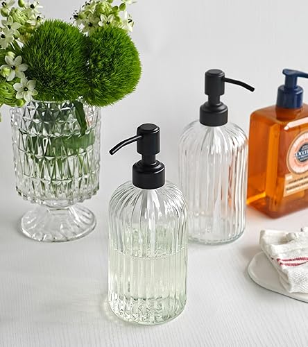 Miniatura 7 de JASAI Paquete de 2 dispensadores de jabón de vidrio simples de 18 onzas con bomba negra, dispensador de jabón de cocina recargable con rayas