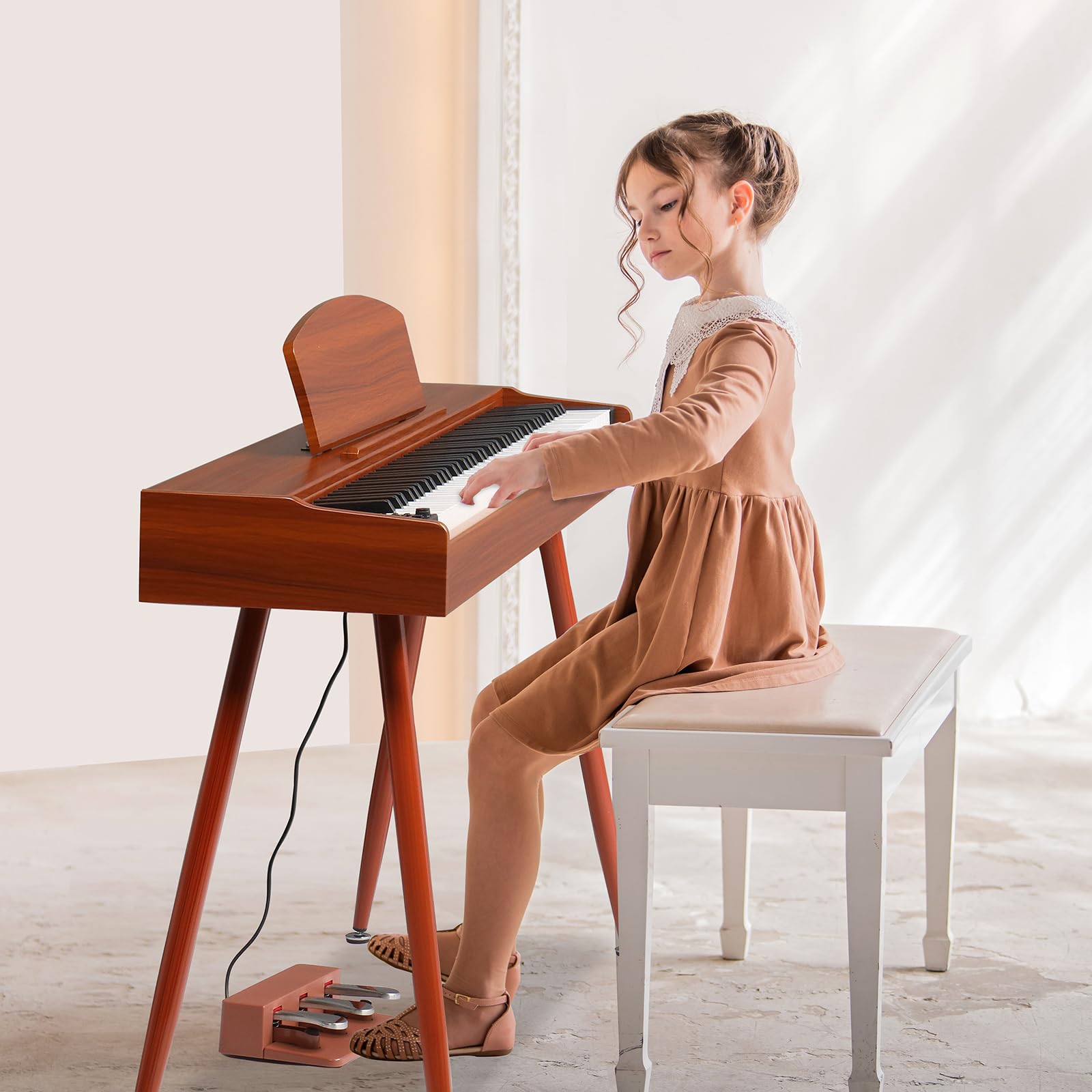LALAHO Piano électrique 88 touches lesté, piano numérique pour débutants, clavier avec unité à 3 pédales, support à quatre pieds, double Bluetooth, haut-parleurs stéréo, rouge marron