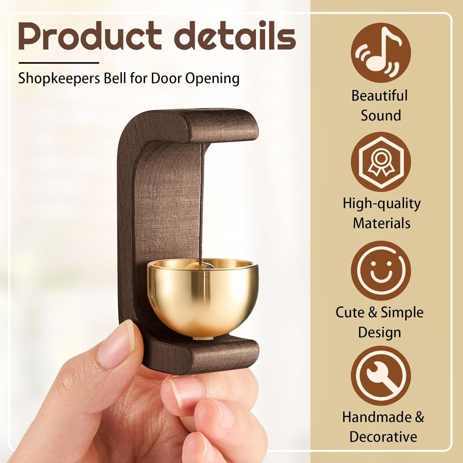 Wooden Door Bell Chime for Door Opening, Brass Shopkeeper Entry Bell, Door Chime for Home, Office, Shop, Cafe, Refrigerator | No Drill Adhesive Mount, Soft Sound Wind Chime Decor (1) — Amazon image 6