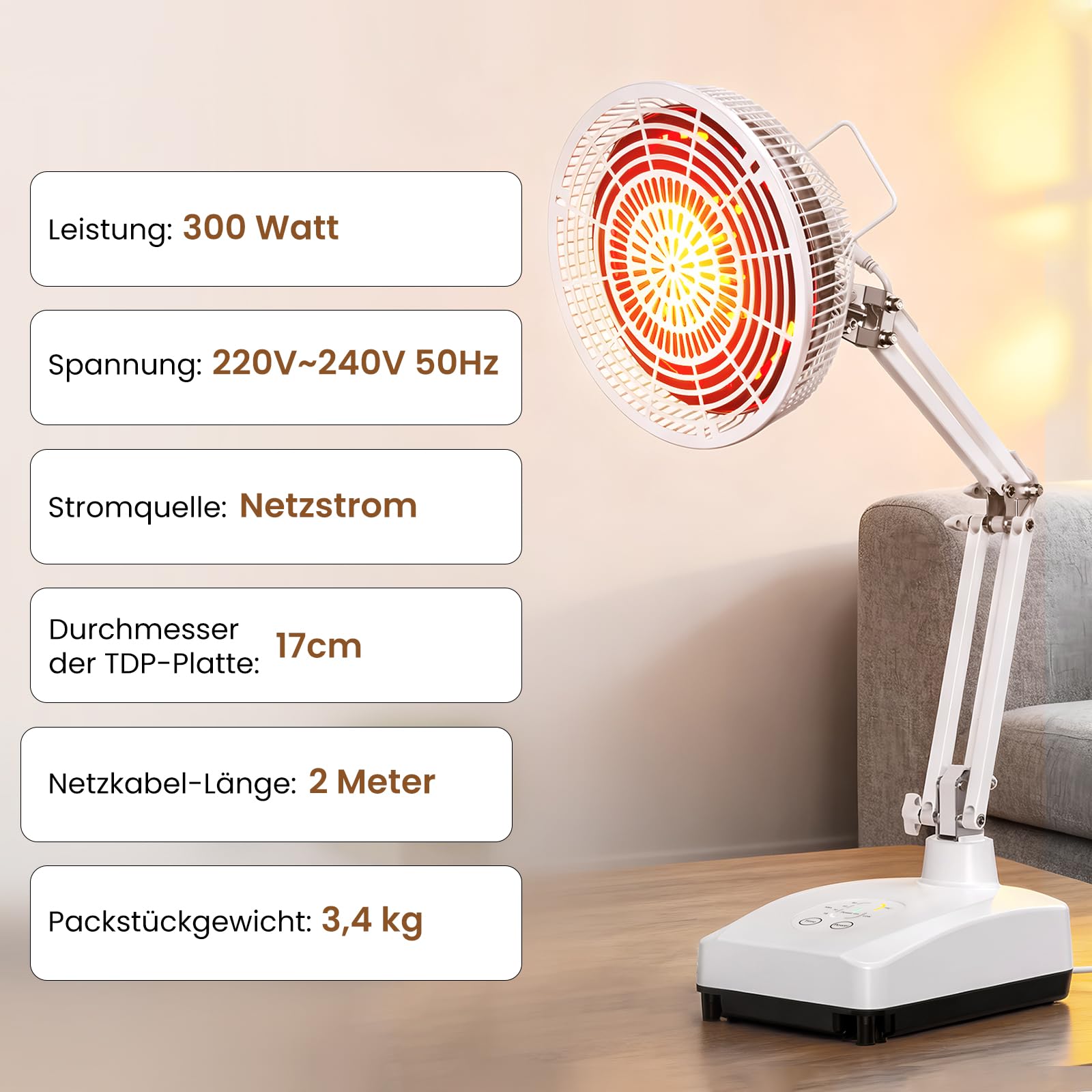 YUNCHI 300W TDP Infrarot Therapielampe, Rotlichtlampe mit 4 Timer-Einstellungen – Wärmelampe für gezielte, wohltuende Tiefenwärme
