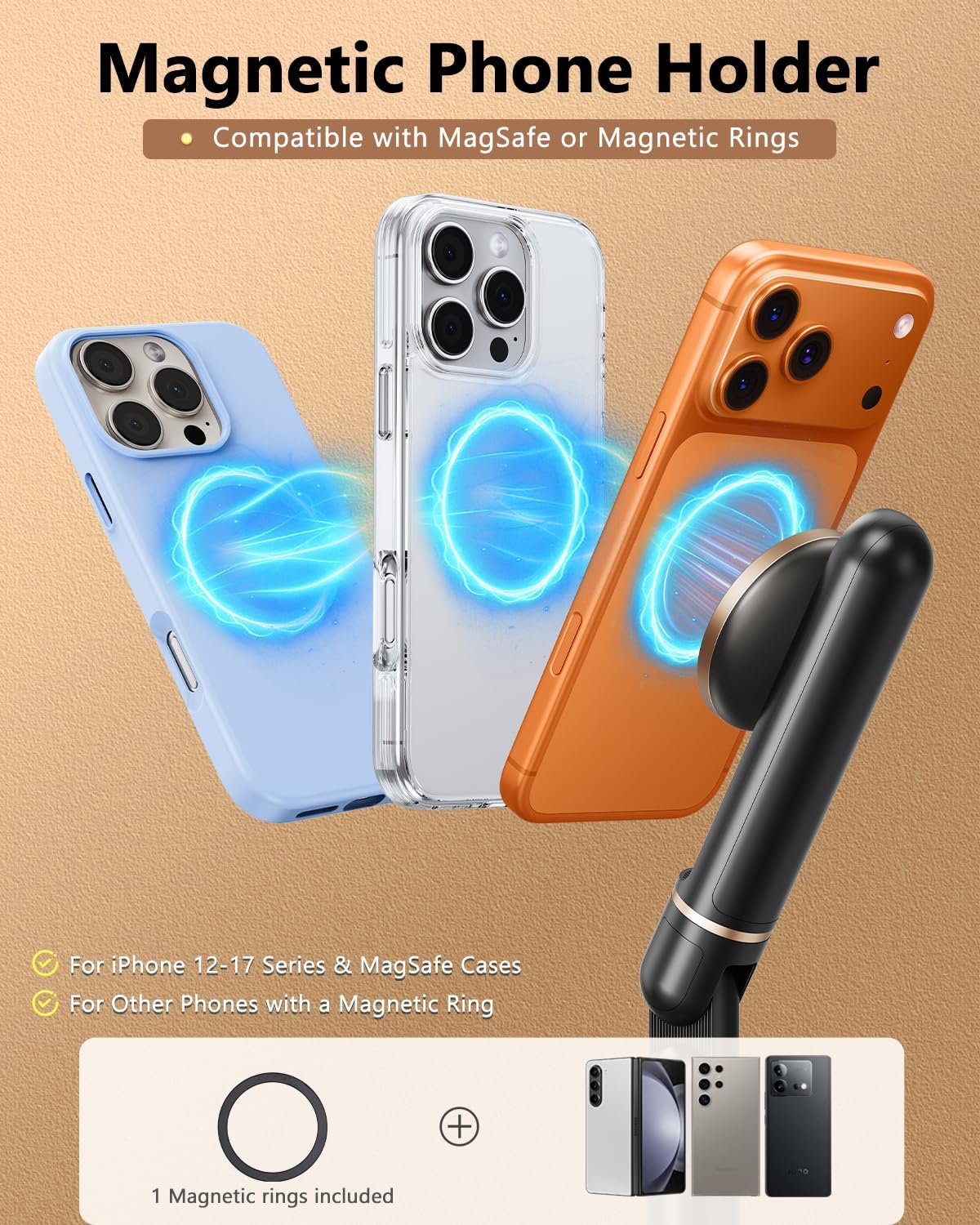 Height/Angle Adjustable Magnetic Phone Holder, 10"-25" Retractable Desk Phone Stand for Desk,720°Rotatable+180° flip, 360 Magnetic Phone Holder for Video Calls Kitchen Office Etc