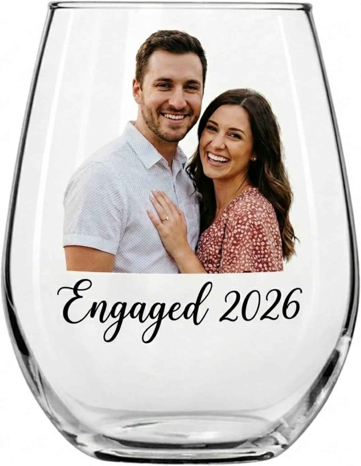 Personalized Photo 17oz Stemless Wine Glass, Custom Engagement Gifts for Women, Printed Wine Glass for Bride to Be, Fiancée, Gift for Couple