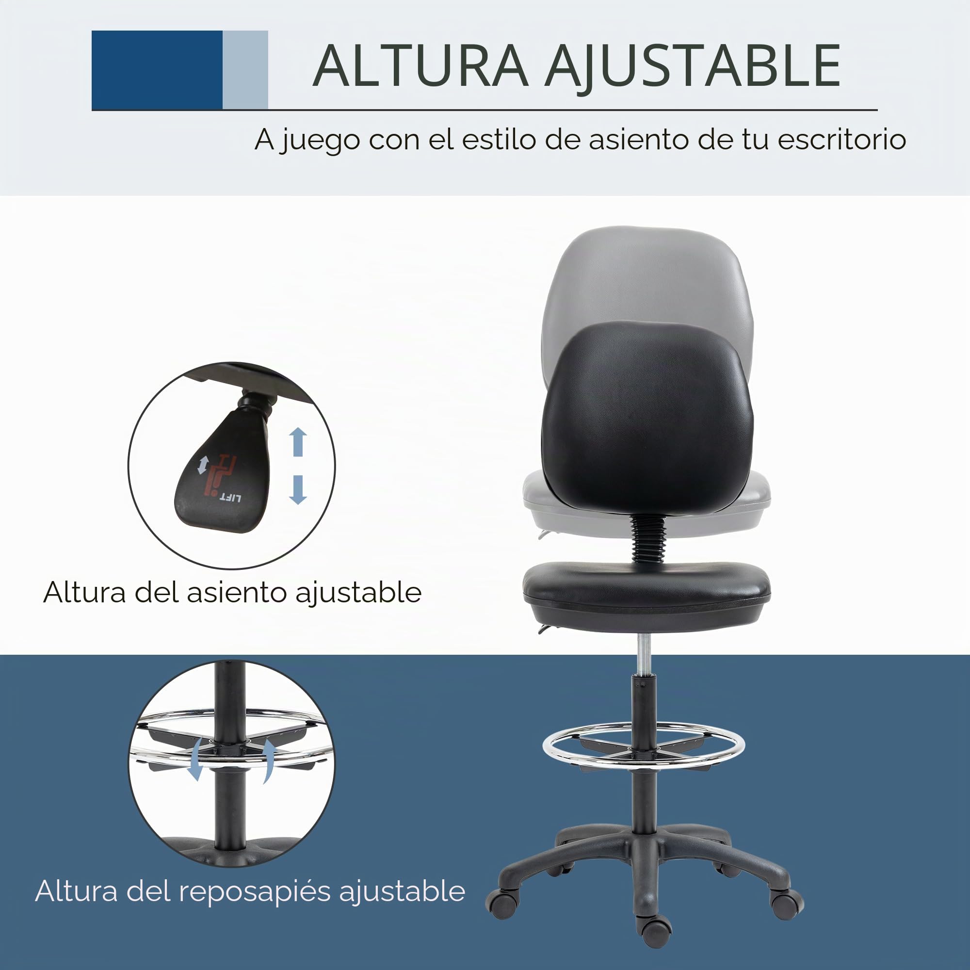 Vinsetto - Taburete giratorio ajustable en altura de 69-91 cm, respaldo reclinable y reposapiés ajustable