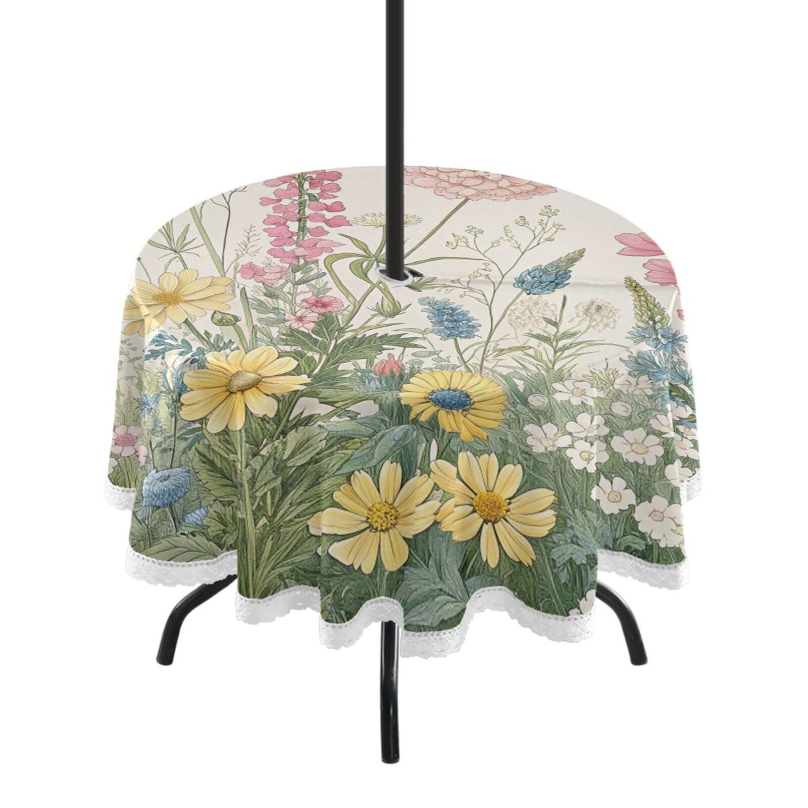 Ttgoth Wildflowers Outdoor Table Cloth 152 cm Water Stain & Resistan Tablecloth Wipeable Table Cover with Parasol Hole & Zipper for Garden Patio Party Picnic
