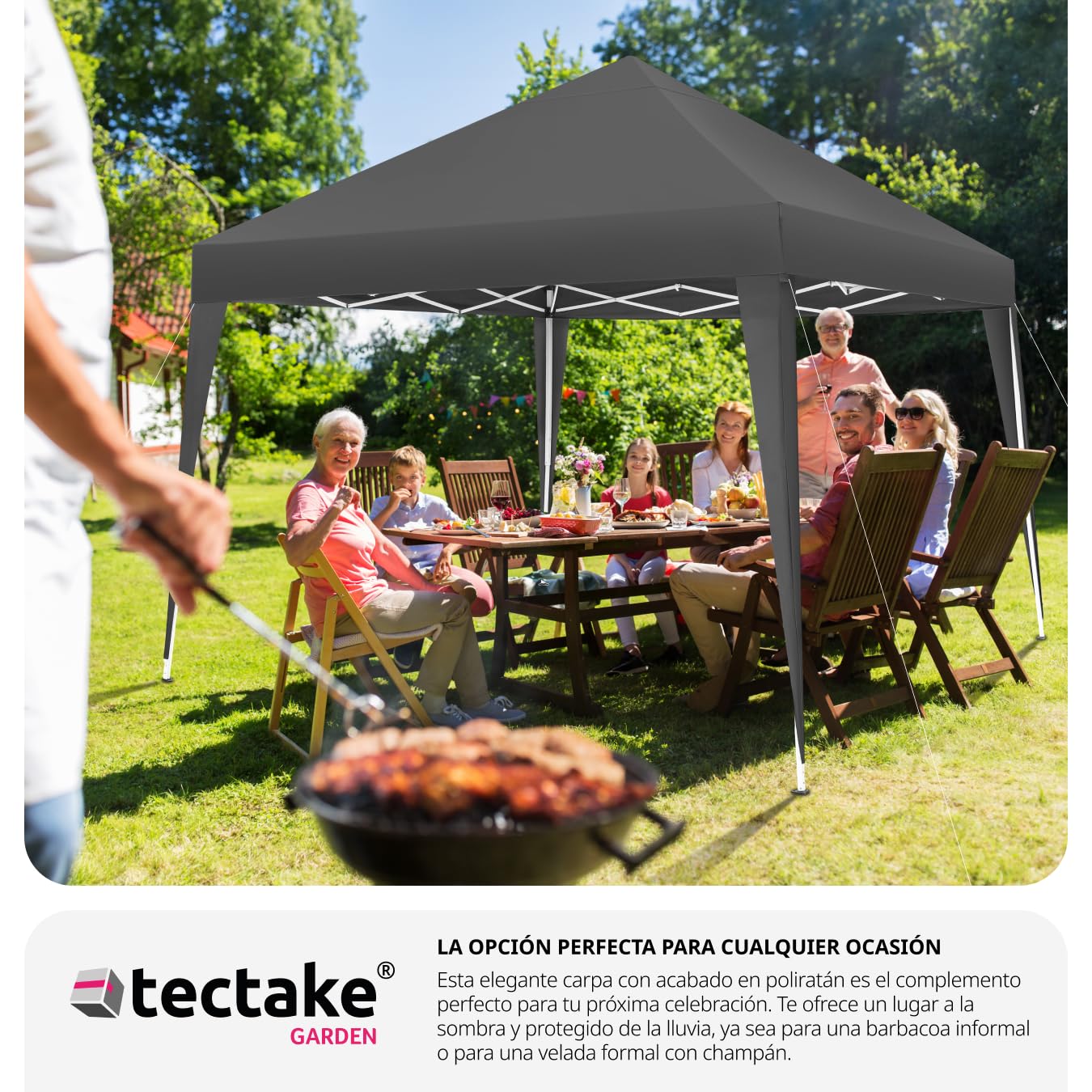 tectake® Carpa Plegable, Estructura Robusta, Regulable, Cenador, Pergolas de Jardin, Toldo Camping, Playa, Exterior, Carpas Repelentes al Agua, Cenadores para Jardin - 3x3 m Gris