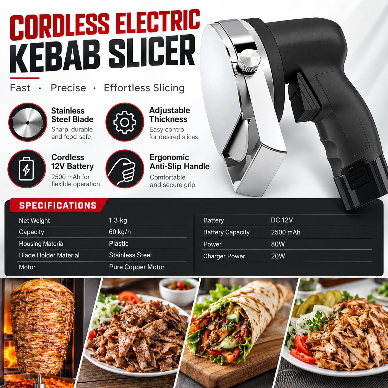 Affettatrice Kebab elettrica, 80 W, Senza Fili, Spessore da 1-8 mm