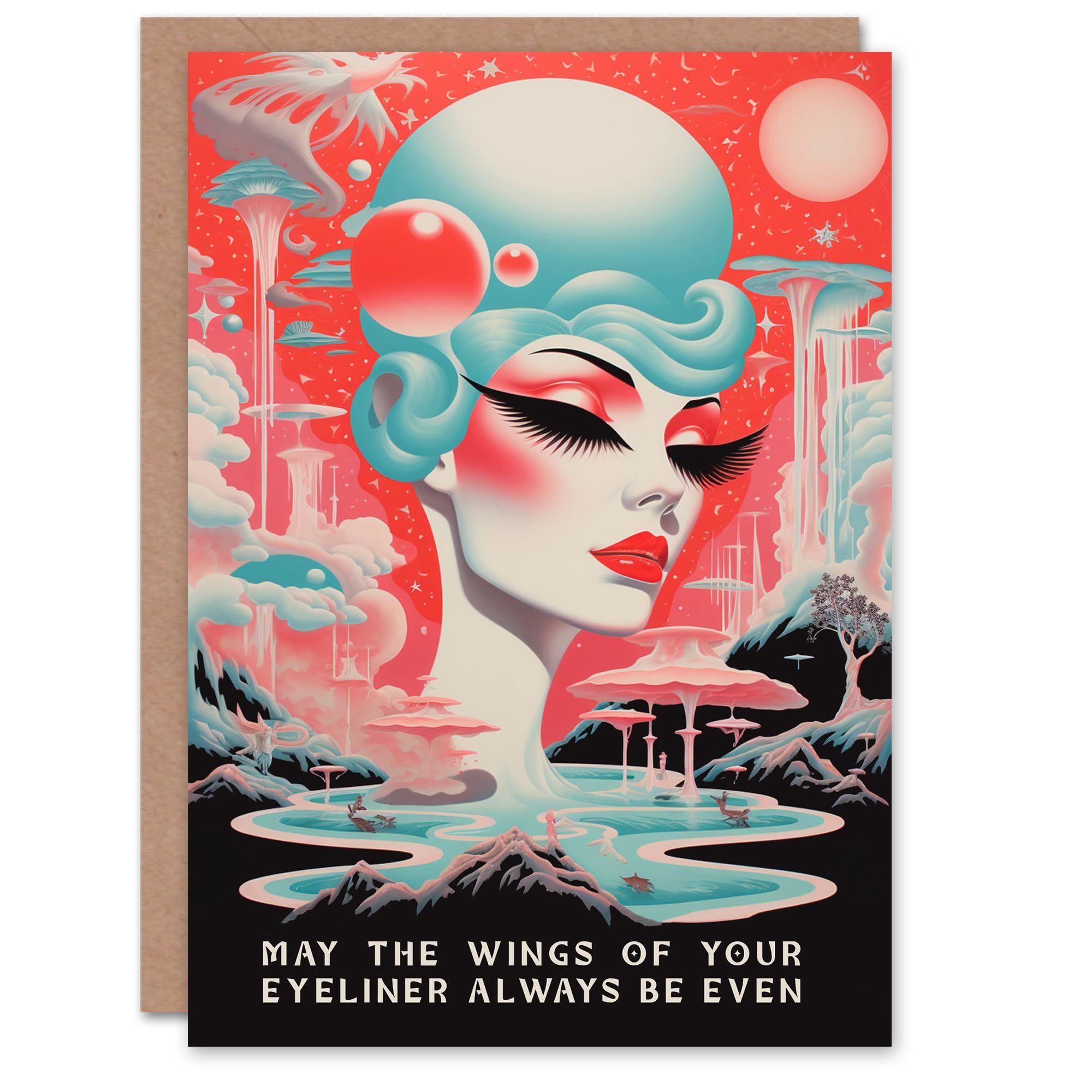 Artery8 Birthday Greeting Card Cosmic Space Lady Eyeliner Wings Retro Sci-Fi Funny For Her