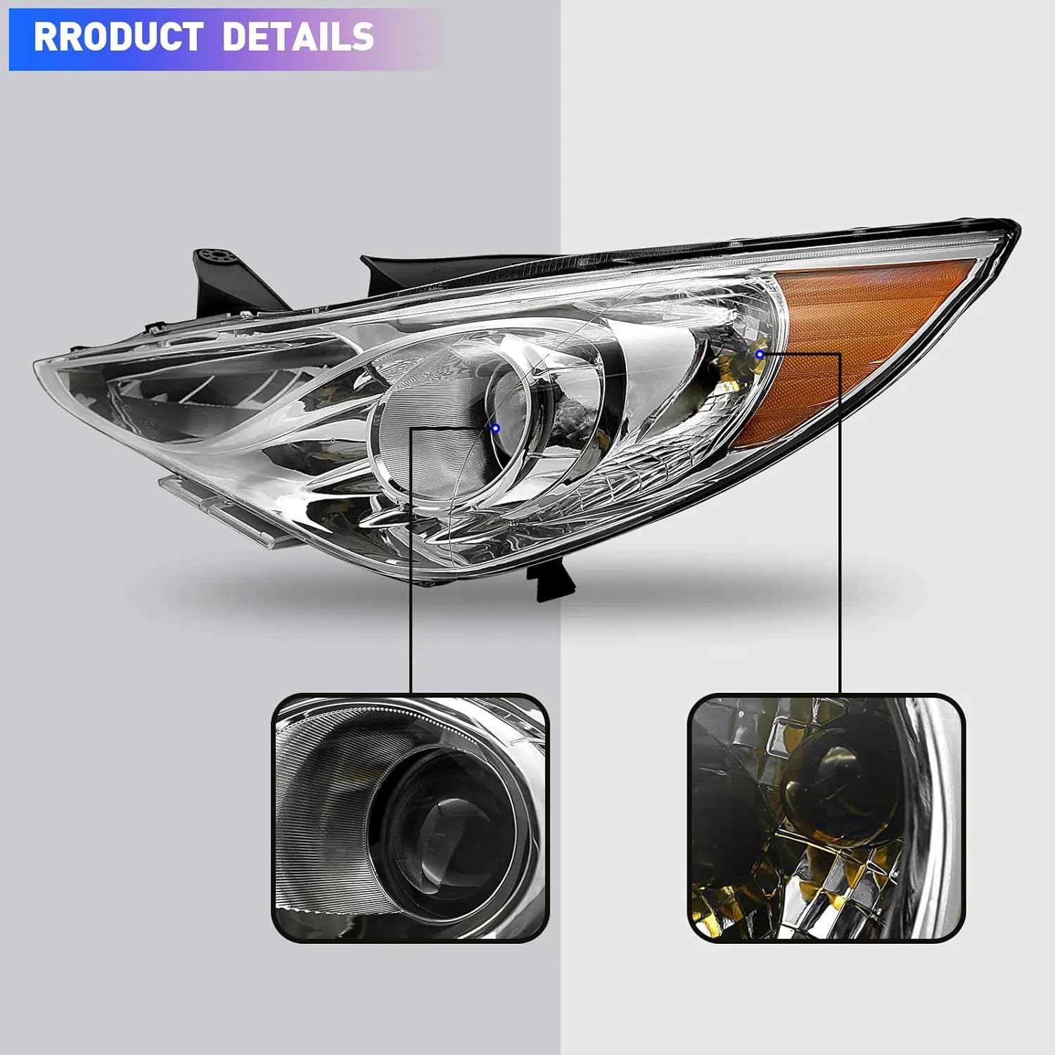 PENSUN Headlights Assembly Fit for 2011 2012 2013 2014 Hyundai Sonata, Chrome Housing Amber Reflector Headlamp Assembly Pair Replacement, Left Driver and Right Passenger Side