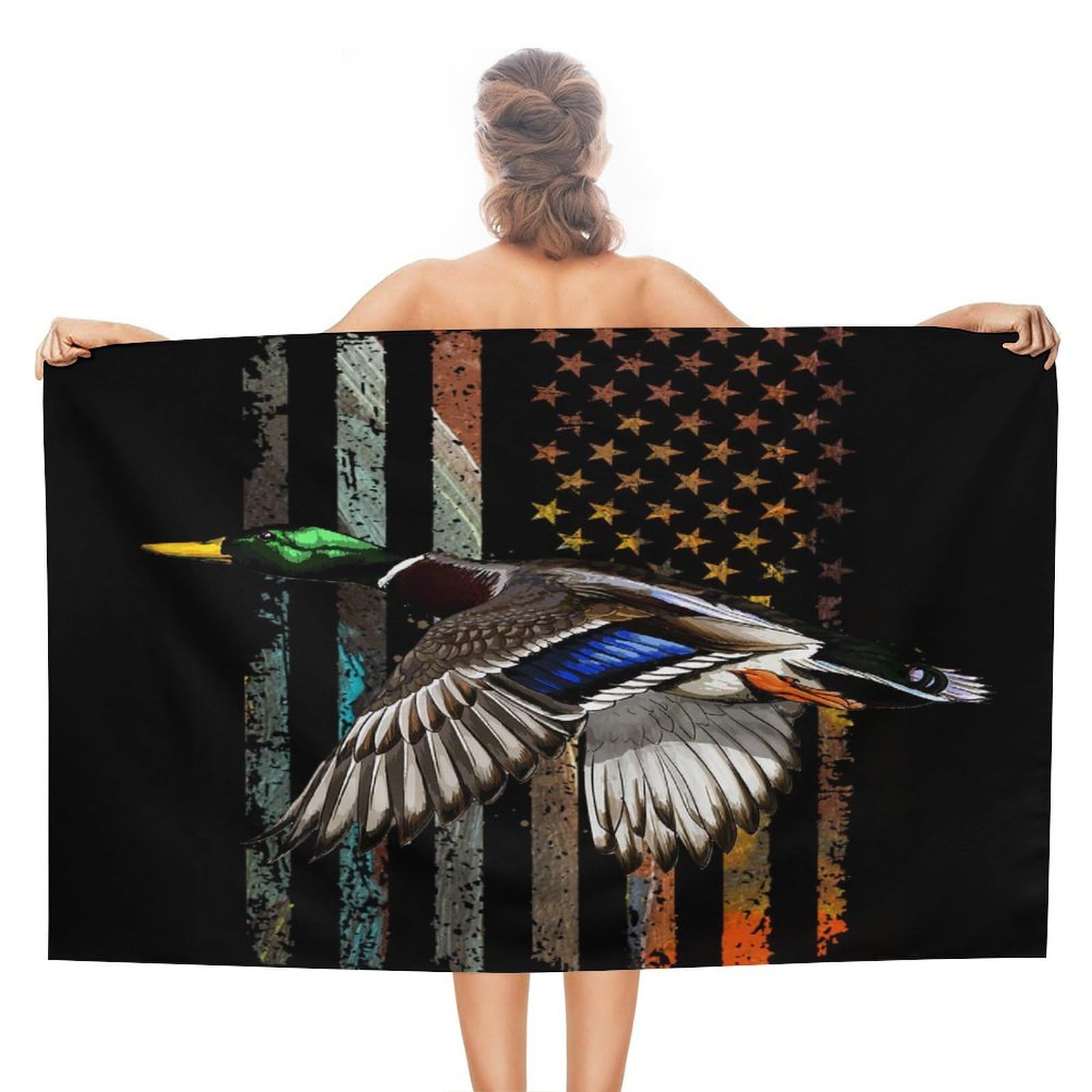 Brebasf Vintage Mallard Duck Wildlife Oversized Lightweight Soft Beach Towel,Rustic Fall Farm Hunting Fishing Theme American Flag Suitable for Hotel