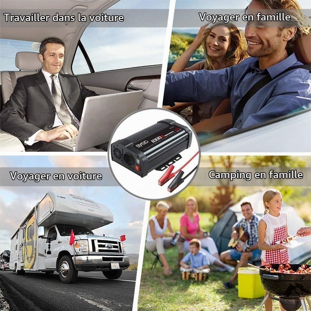 BYGD 1000W Convertisseur 12v 220v, avec 1 Prise française et 2 Ports USB | Alimentation Stable 1000W, Protection Surchauffe/Surcharge, Idéal Pour Recharger Téléphone, Tablette en Trajet Voiture