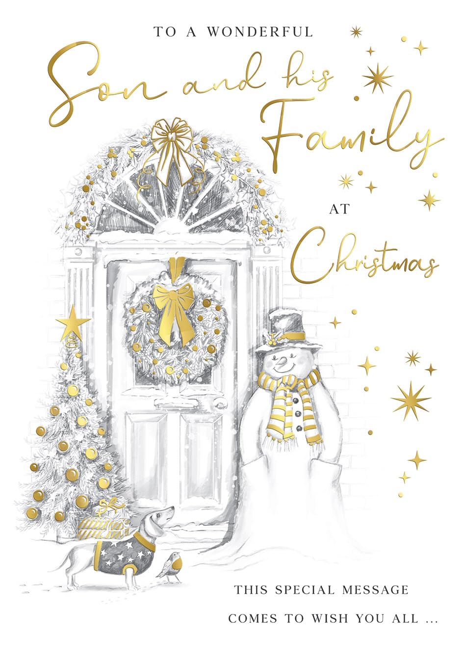 Piccadilly Greetings Christmas Card To a Wonderful Son & Family Pencil Sketch Snowman - 9 x 6 inches