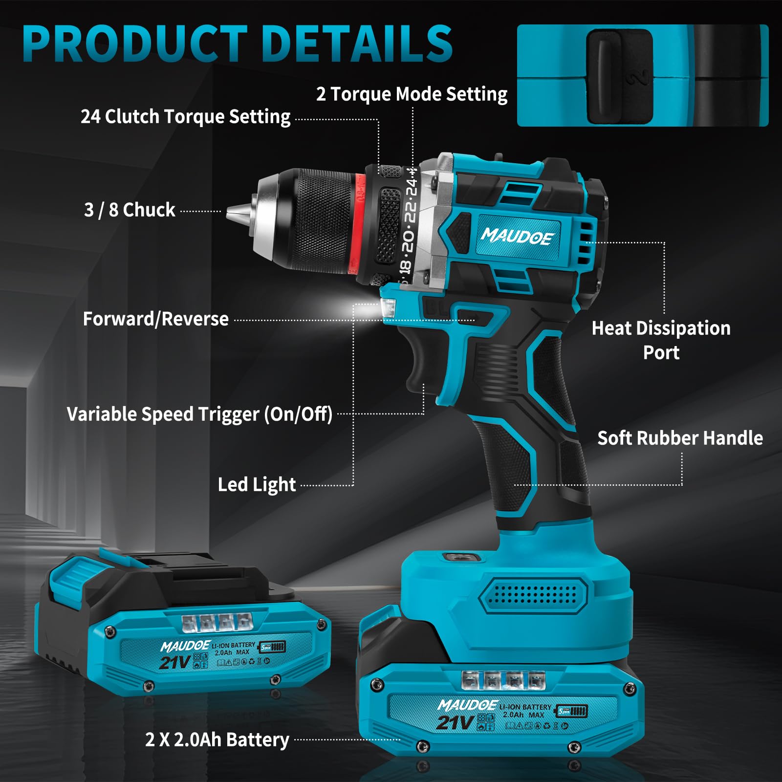 Set di utensili per trapano senza fili da 21 V, trapano elettrico senza spazzole da 60 N.m con 2 batterie da 2,0 Ah e caricabatterie, set combinato da 135 pezzi, mandrino senza chiave da 3/8", 2
