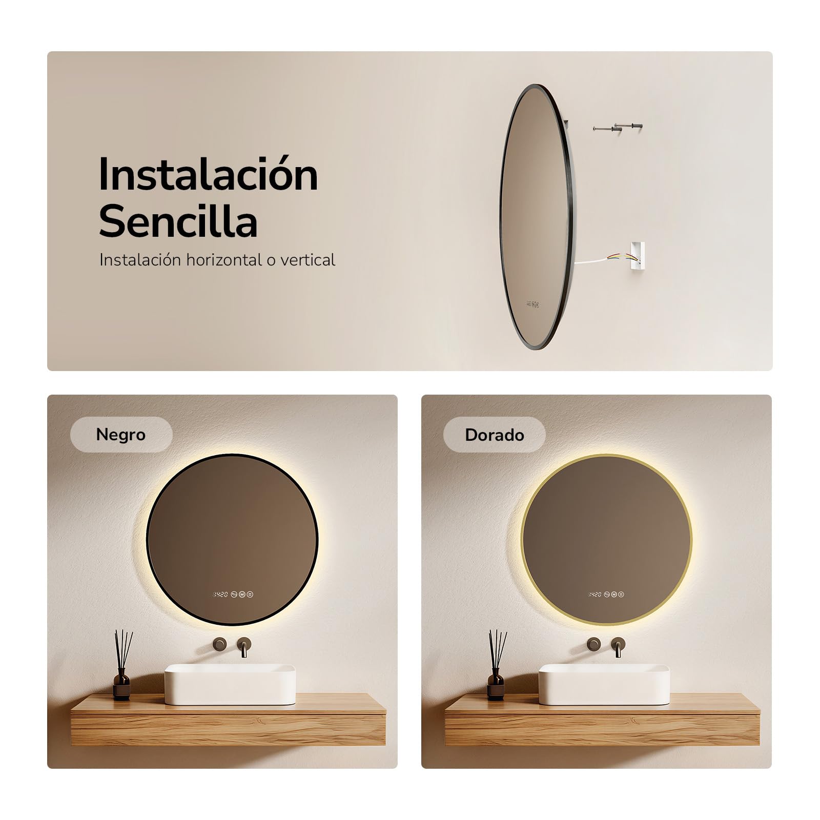 EMKE Espejo de Baño LED Redondo con Reloj y Anti-Vaho,Marco Negro,80 cm | Espejo Pared Lumino Marco de Aluminio - Luz Regulable 3 Color (3000K-6500K), Control Táctil, Memoria, Apagado Auto 3h