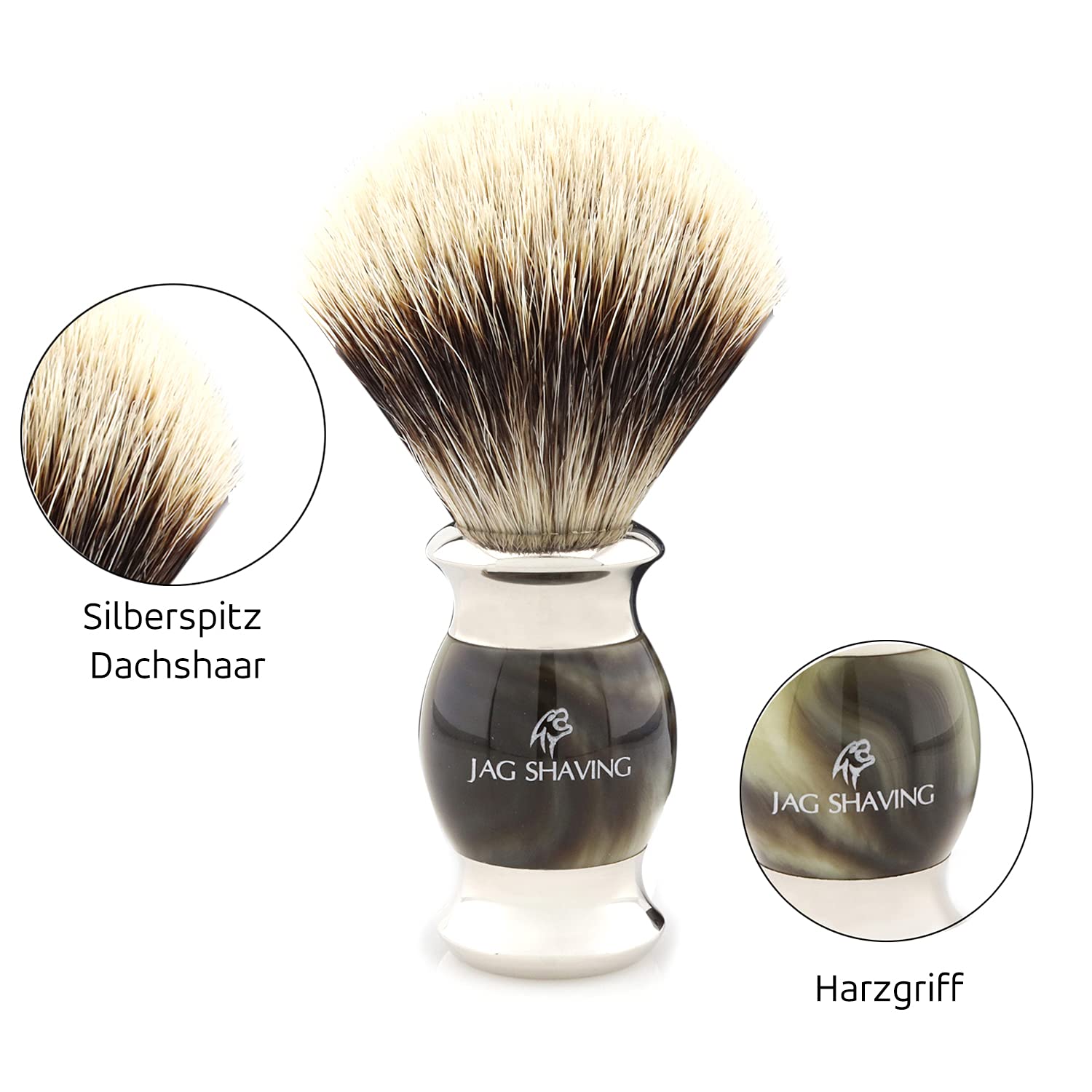 Jag Shaving Rasierset - 3-teiliges Rasierset - JAG's LEE Range - Silberspitz Dachshaar Rasierpinsel - 5 Rasierklingen Rasierhobel - Rasierständer - Grüne Hornimitation Farbe