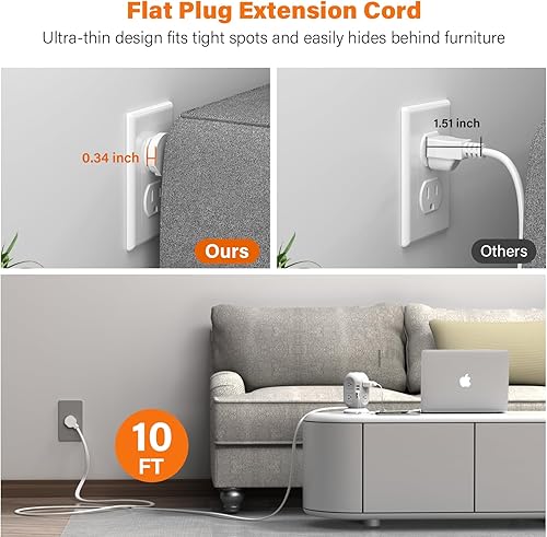Miniatura 3 de AiJoy Torre de regleta de protección contra sobretensiones con 8 tomas, 4 puertos USB (1 USB-C), cable de extensión plano de 10 pies con múltiples
