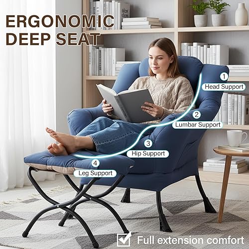 Miniatura 4 de Welnow - Silla perezosa con otomana, moderna silla de descanso con reposabrazos y bolsillo lateral, sillón de sofá tapizado de ocio, sillón de Azul