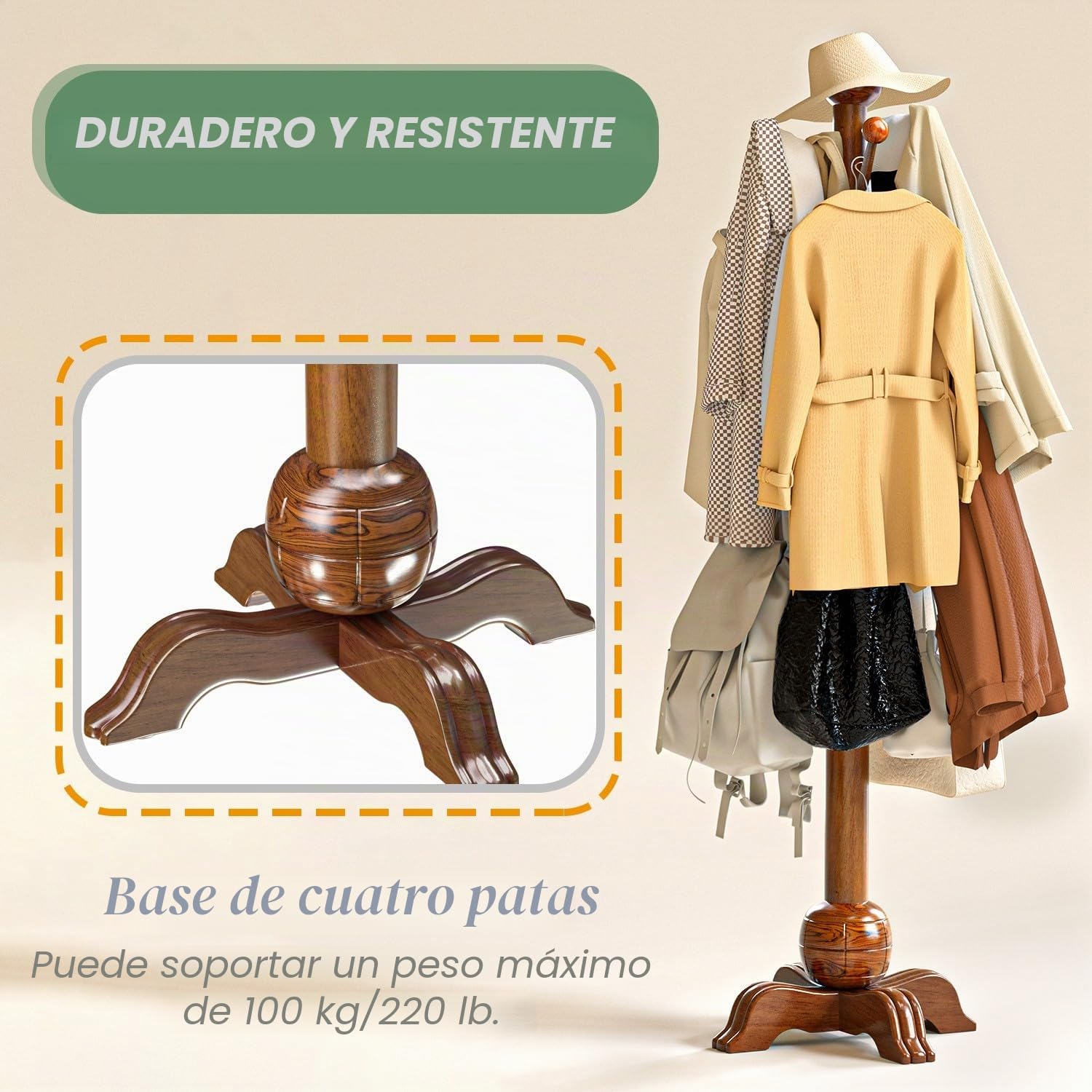 Perchero de Pie de Madera, Perchero de Pie en Forma de árbol, Árbol de Pasillo Regulable en Altura, Base Resistente, Perchero para Pasillo, Entrada, Hogar