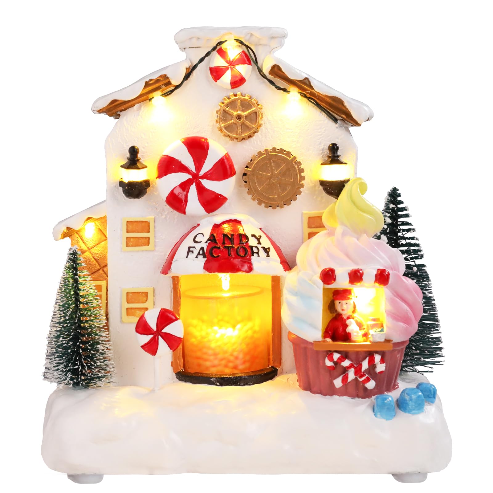 Christmas Village Candy House Christmas with LED Lights Christmas Resort Music and 3AA Batteries Indoor Display Figurines Decorate The Interior Room Tabletop Decoration