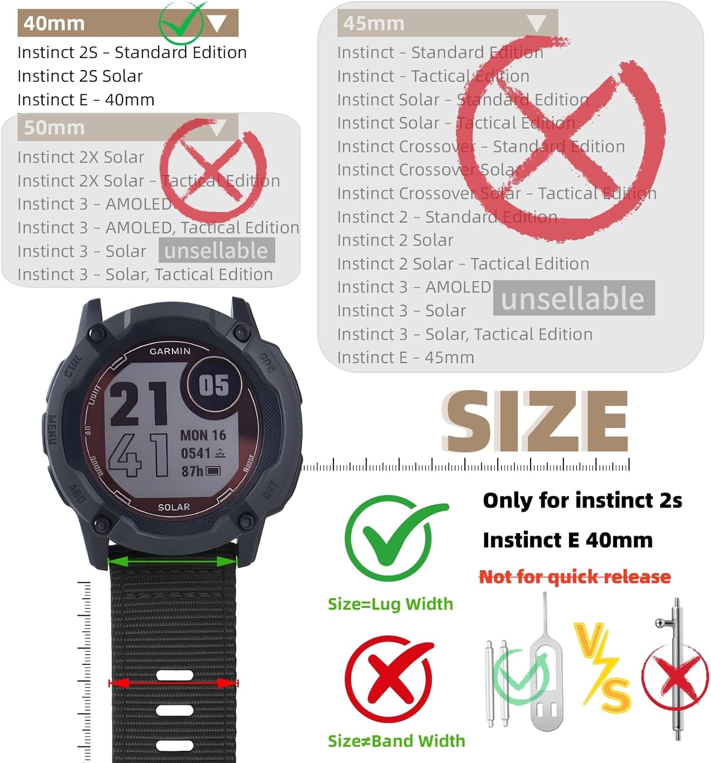 Compatible with Garmin Instinct 2S Standard / 2S Solar Band, for instinct E 40mm Rugged Nylon Watch Band With Stainless Steel Buckle