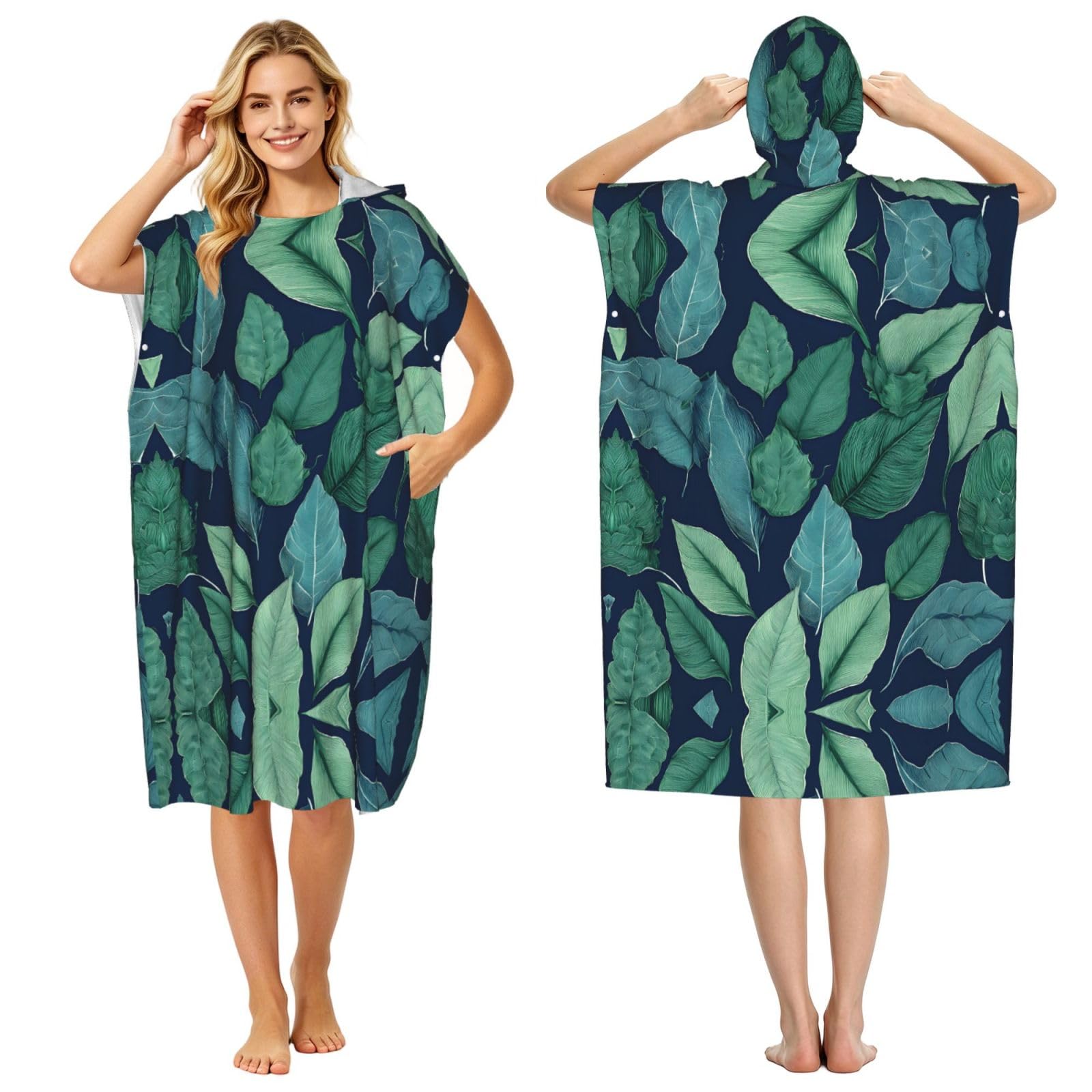 EZDLOWVBA Tropical Palm Leaves Print Hooded Poncho Microfiber Beach Towel,Adult Women & Men Changing Robe,Lightweight Summer Surf Swim Bath Poncho Towel