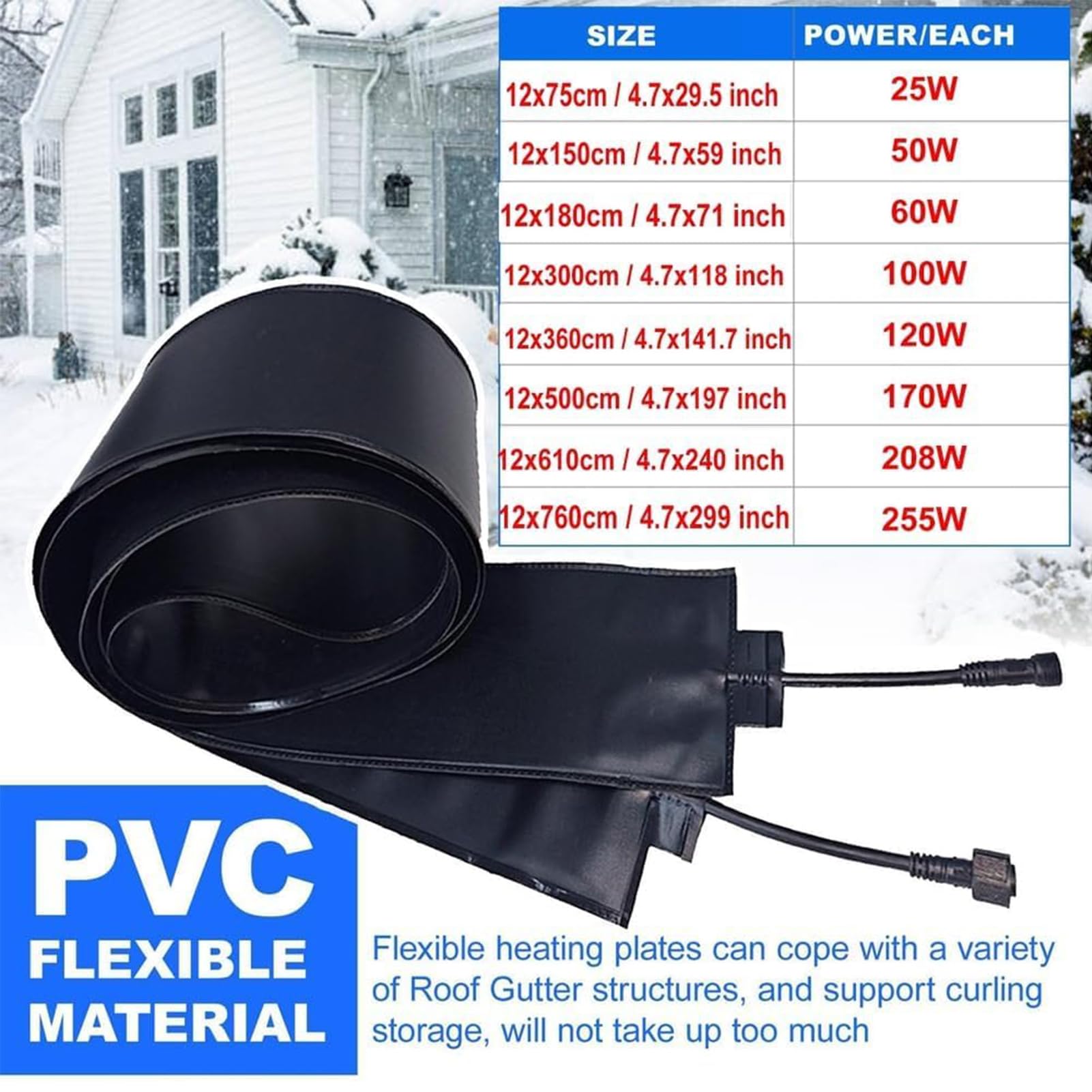 Alfombrilla Calefactora de PVC para Derretir Nieve en Canalones de Tejados,Sistema de Deshielo de 12cm de Ancho,Almohadilla Calefactora Eléctrica para Exteriores,360cm/11.8ft 120W