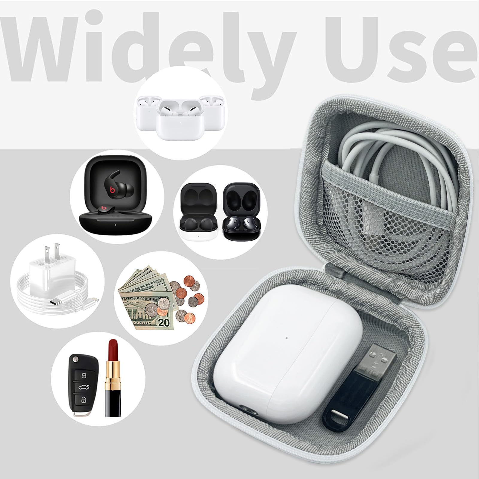 Funda cuadrada para auriculares, organizador de auriculares, funda portátil de EVA con mosquetón para AirPods 4, Airpods Pro 2, Beats Bose Galaxy Buds 3, almacenamiento de cable de datos (floreciente