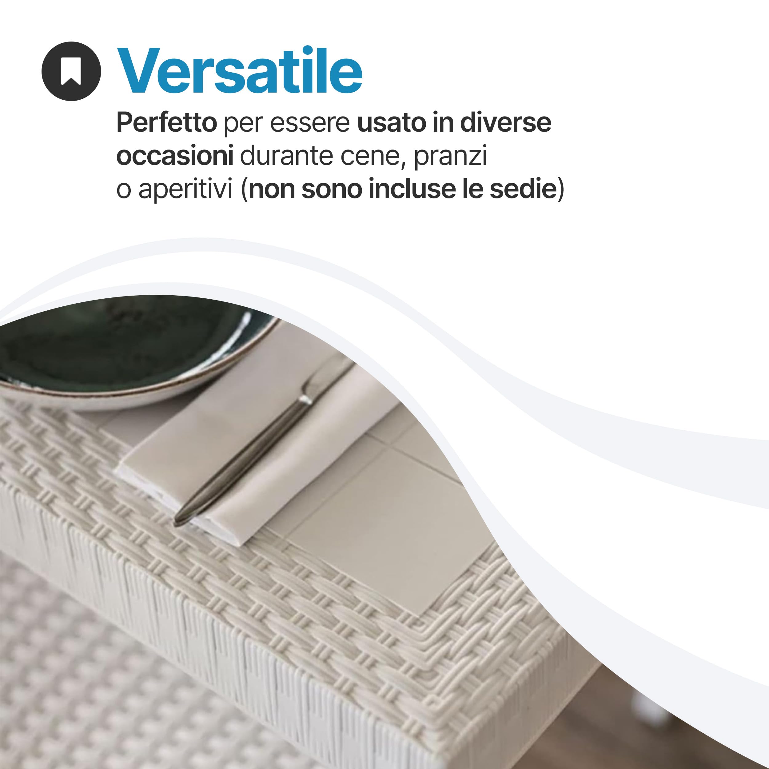 Tomaino - Tavolo da giardino in plastica quadrato 80x80 - Tavolino per esterno 4 posti effetto rattan per casa, bar e ristorante con foro per ombrellone (Bianco)