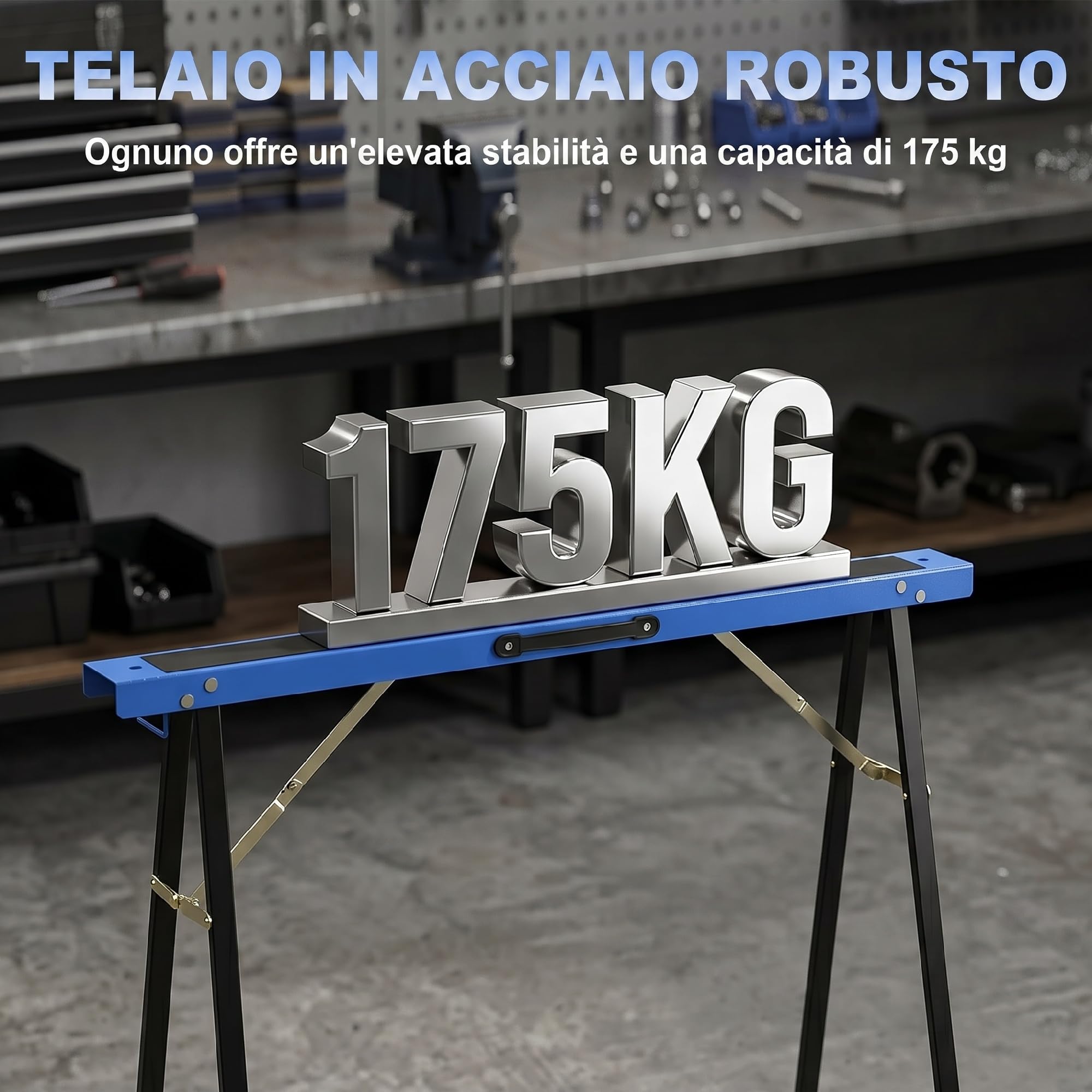 HOMCOM Set di 2 Cavalletti da Lavoro Pieghevoli in Metallo con Superficie Antiscivolo in EVA, Maniglia, per Lavori di Segatura, Cavalletto Salvaspazio per Legna, Carico Massimo 350 kg, Blu e Nero