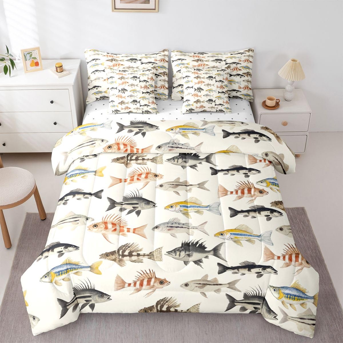 Erosebridal Pike Fish Yellow Blue Black Girls 7 Piece Bedding Set Twin | Vintage Adults Teens Comforter Set with Sheets Fishing and Hunting Bed in A Bag Retro Boys Bed Sets