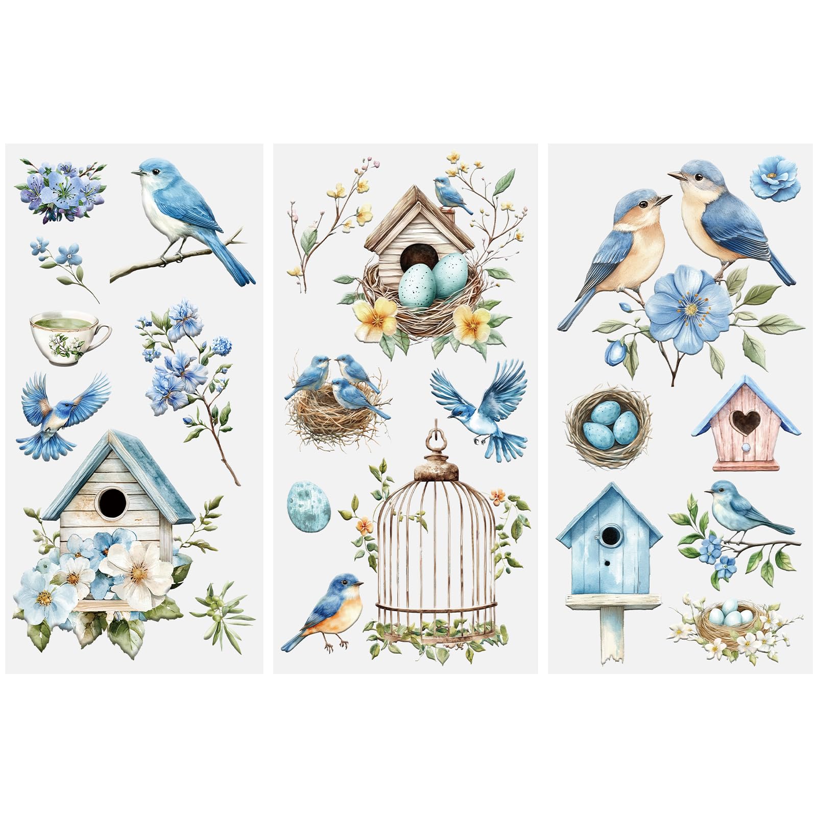 HICOHAND Blue Bird Furniture Transfers, 3 Sheets Blue Bird House Rub on Transfers Stickers Waterproof Decals UV DTF for Drawer Dresser Glass Door Desk Porcelain Wood Crafts