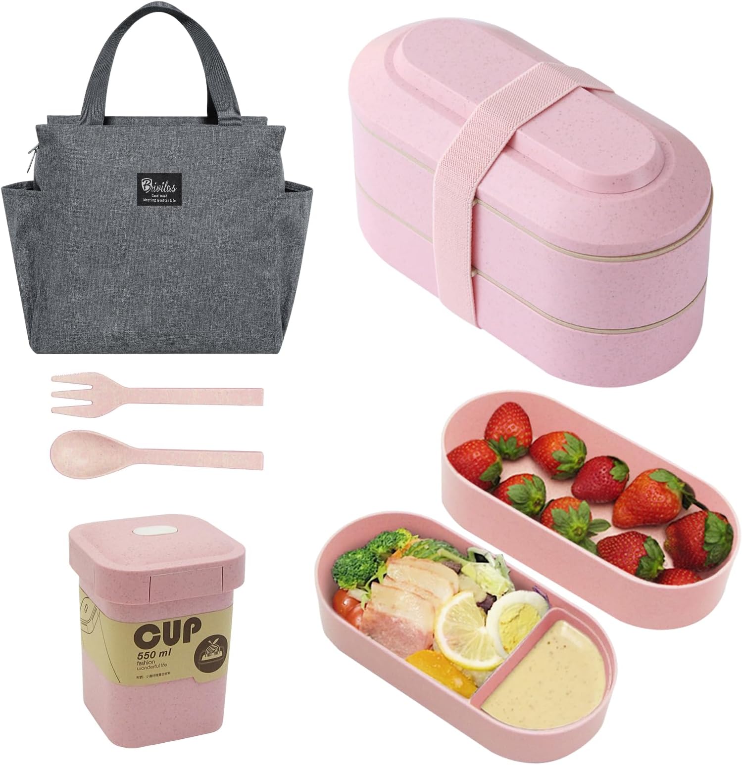 Boîte Bento Lunch Box 1400ml Double Couche Hermétique Avec Sac Isotherme Et Couverts - Bleu