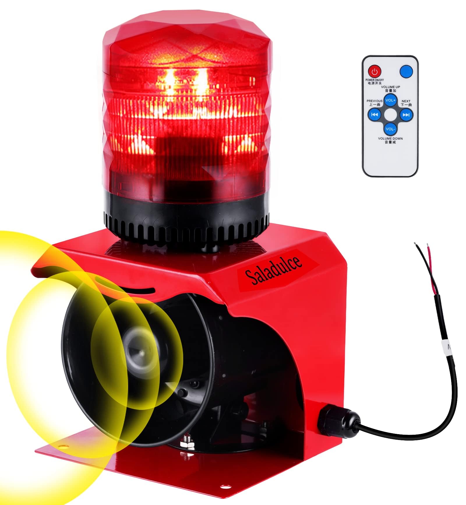 Alarma de Sirena Industrial de 120db, Volumen y Tono Ajustable IP65 Alarma de Sonido y luz al Aire Libre con Control Remoto DC12V-24V