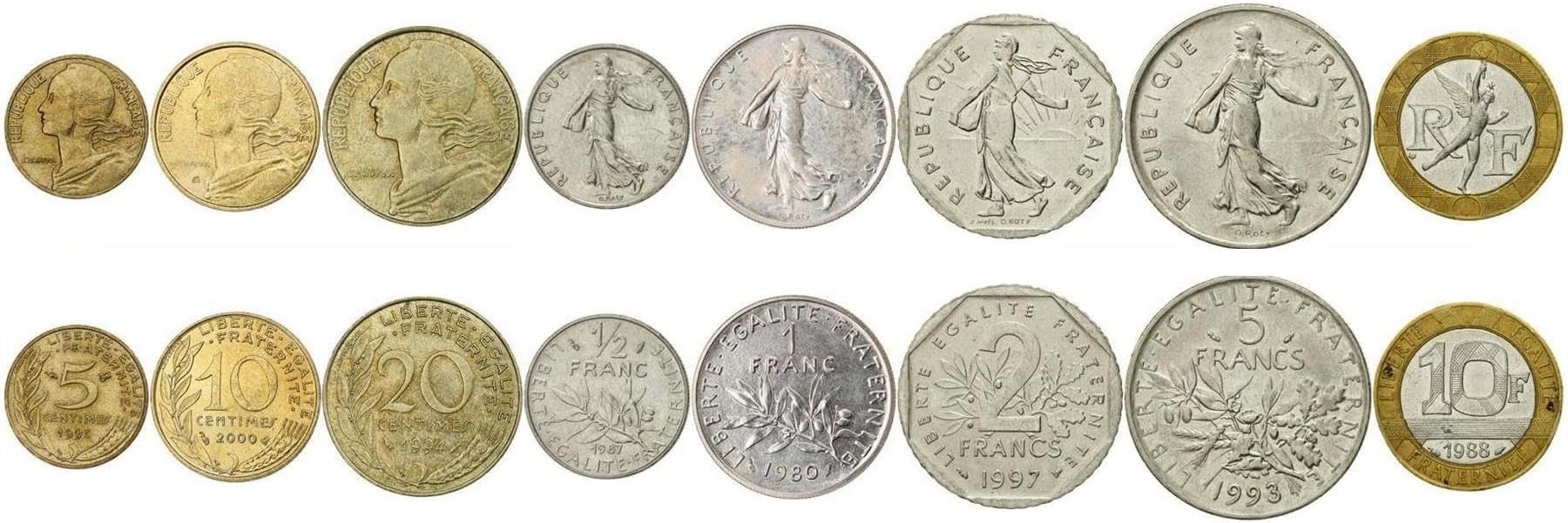 HOBBY OF KINGS 8 Coin Set from France | 5 10 20 Centimes 1/2 1 2 5 10 Francs | Sculpture | Plant | Marianne | People | Circulated 1960-2001